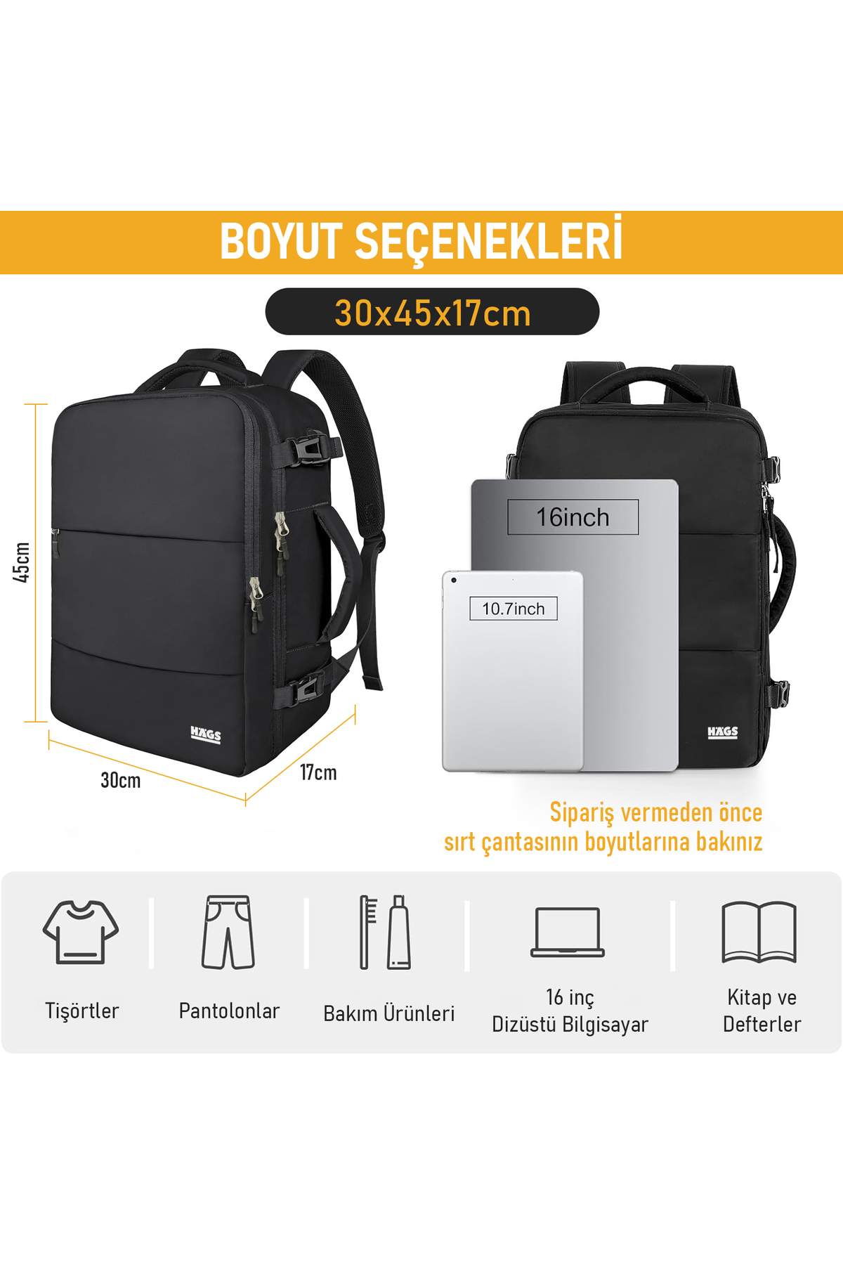Haegs Seyahat Sırt Çantası, Laptop Sırt Çantası Hafif El Çantası Küçük Bavul Valiz, Uçak Onaylı Bagaj Çantası, Erkek ve Bayan İçin, 15.6 inç Notebook Dizüstü Bilgisayar Laptop Macbook Çantası, Siyah