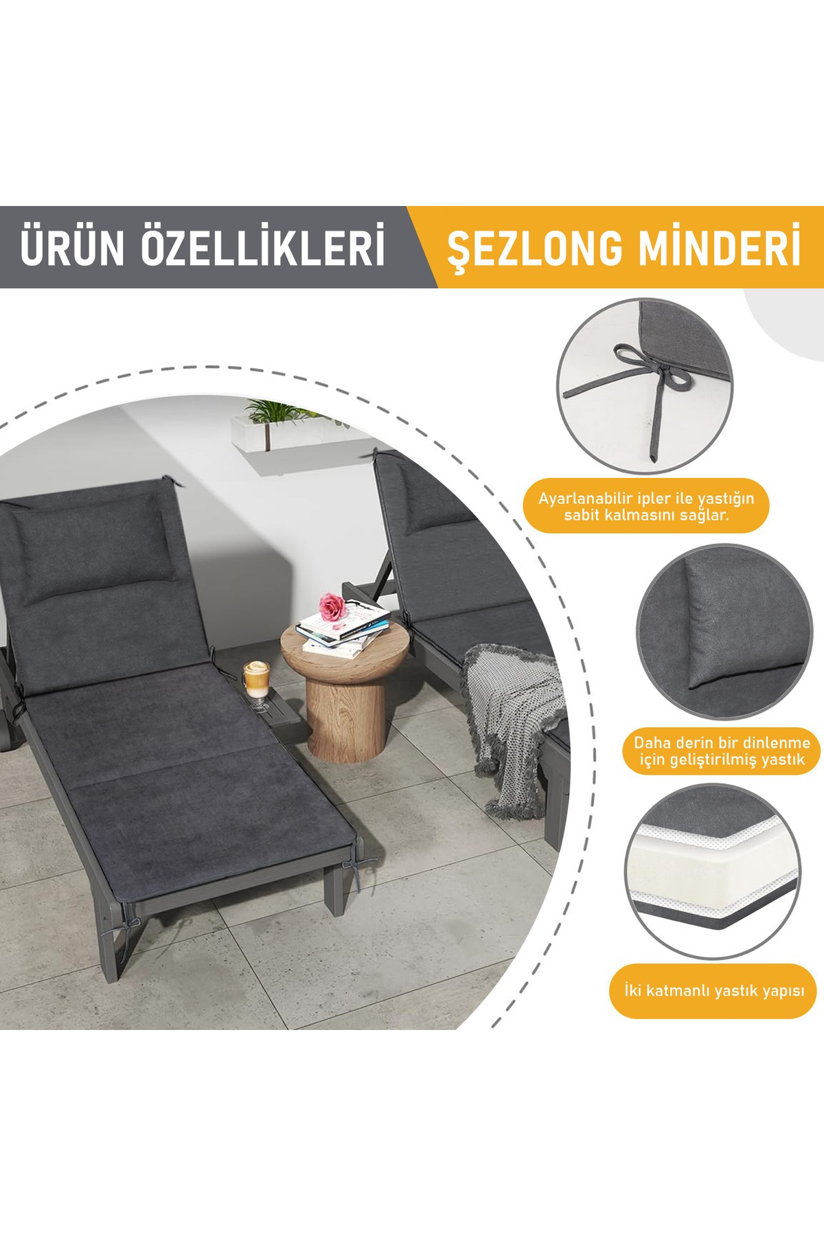Haegs Şezlong Minderi, Havuz Plaj Outdoor Kamp için Katlanır Sünger Minder, Dış Mekan Süet Kumaş Kılıf, Dış Mekan Mobilyaları İçin Veranda Yedek Minderi 22 Dens / 180x55x4 cm - Bej