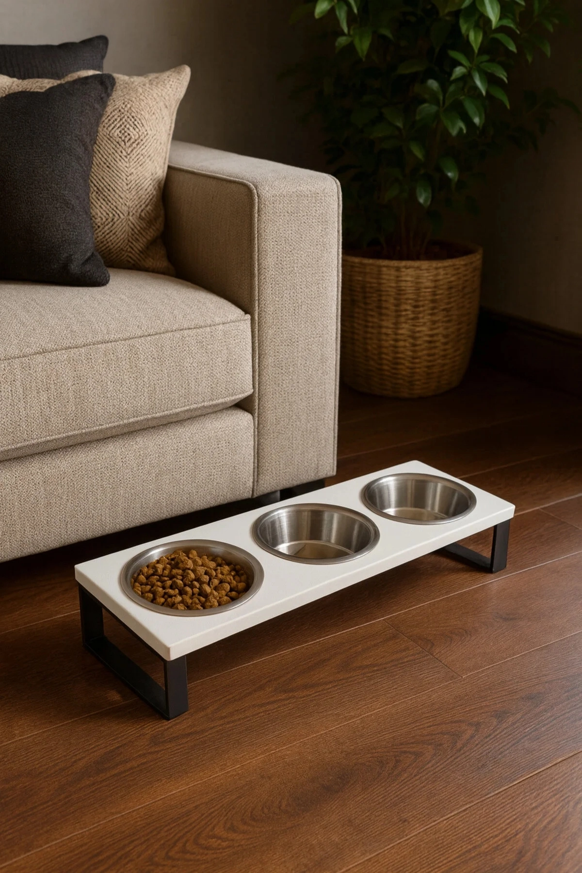 Reyo OK-AY Store Yükseltilmiş Kedi ve Küçük Irk Köpek Mama Kabı 3'lü Paslanmaz Çelik Yüzde 10 Eğimli Mama ve Su Standı, Beyaz