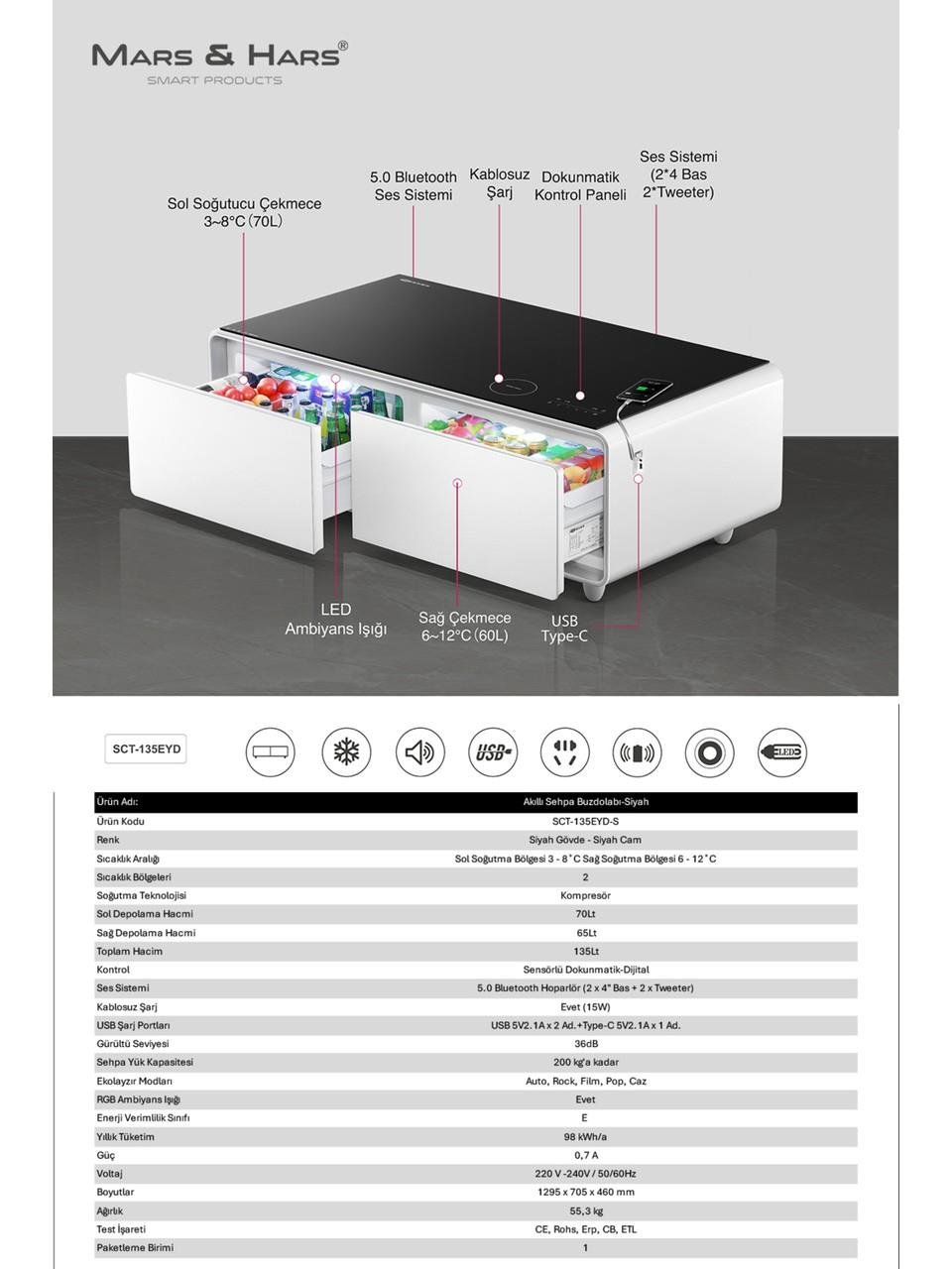 Mars&Hars SCT135B Kompresörlü Akıllı Sehpa Buzdolabı Bluetooth Haparlör-Beyaz Renk