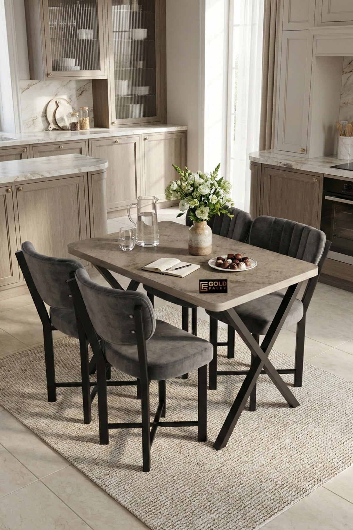 Reyo Falez Elma 110x70 cm Masa Takımı 4 Sandalyeli Modern Mutfak Balkon Kafe Yemek Masası Seti Traverten - Antrasit 9887