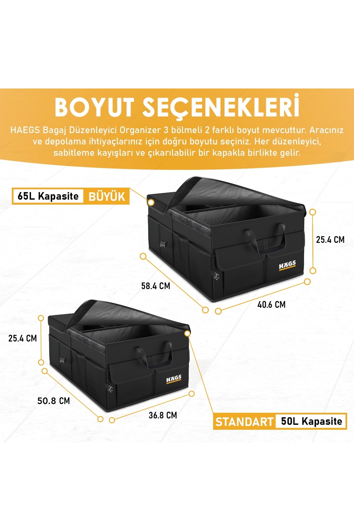 Haegs Araba Bagaj Çantası, Araç içi Düzenleyici Organizer, Katlanabilir Oto Bagaj Düzenleyici, Oto Aksesuarları, Sağlam Araba Alet Eşya Düzenleyici - 65 Lt- Gri