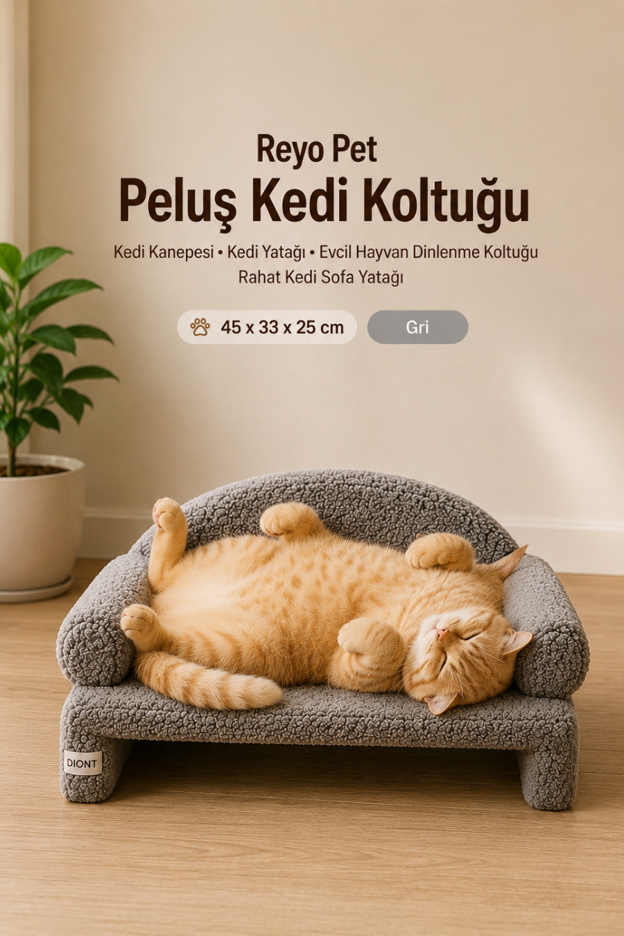 Reyo Pet Peluş Kedi Oturma Koltuğu Kedi Yatağı Gri