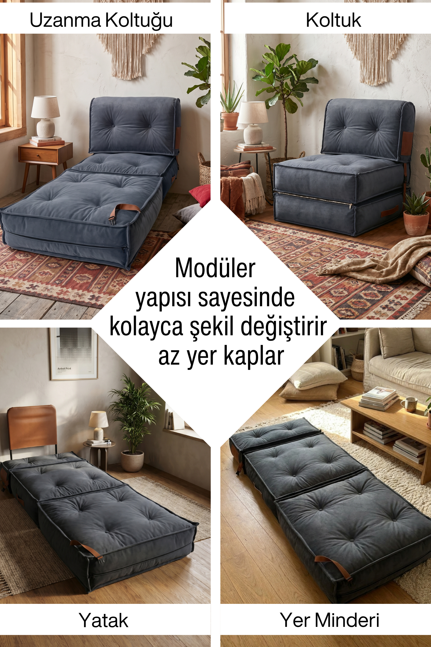 Pufymax Comfort Minder Koltuk Modüler Yer Koltuğu Sırt Destekli Oturma Minderi 75x75x85cm Yıkanabilir Fermuarlı Gri 