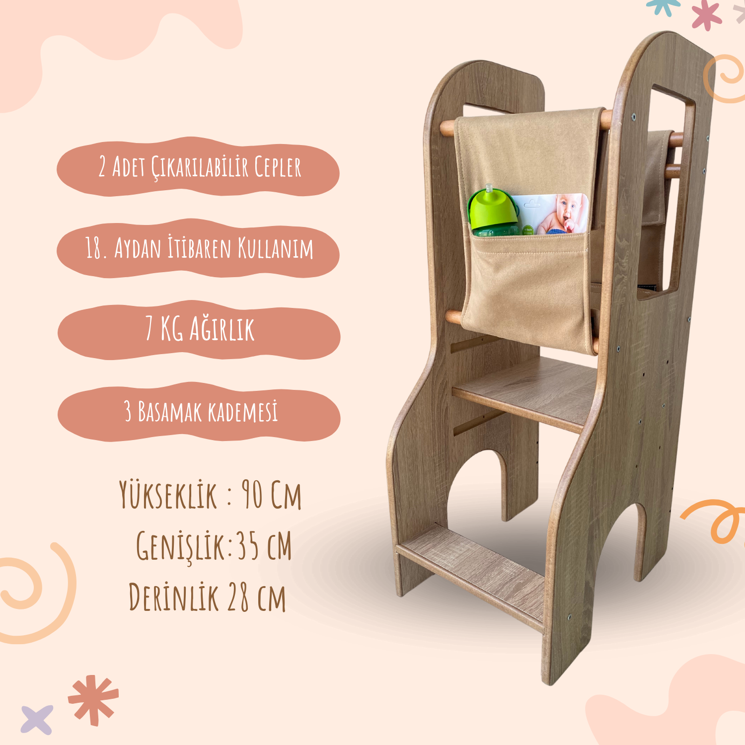 Reyo Öğrenme Kulesi, Montessori Tower, Aktivite Basamağı Yükseklik Ayarlı Naturel MDF