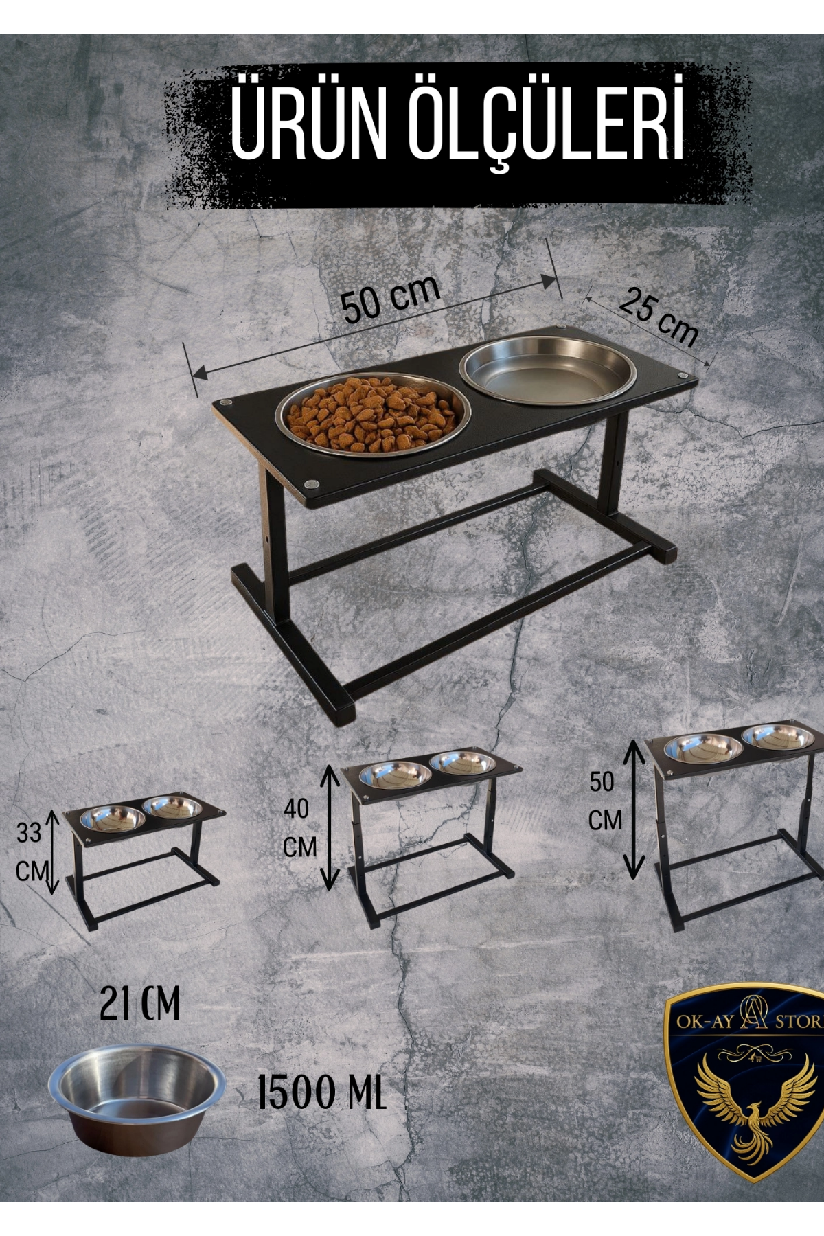 Reyo OK-AY Store Aybisev 4 XL Boy Büyük Irk Köpekler İçin Yükseltilebilir Metal Mama Su Kabı Standı Siyah