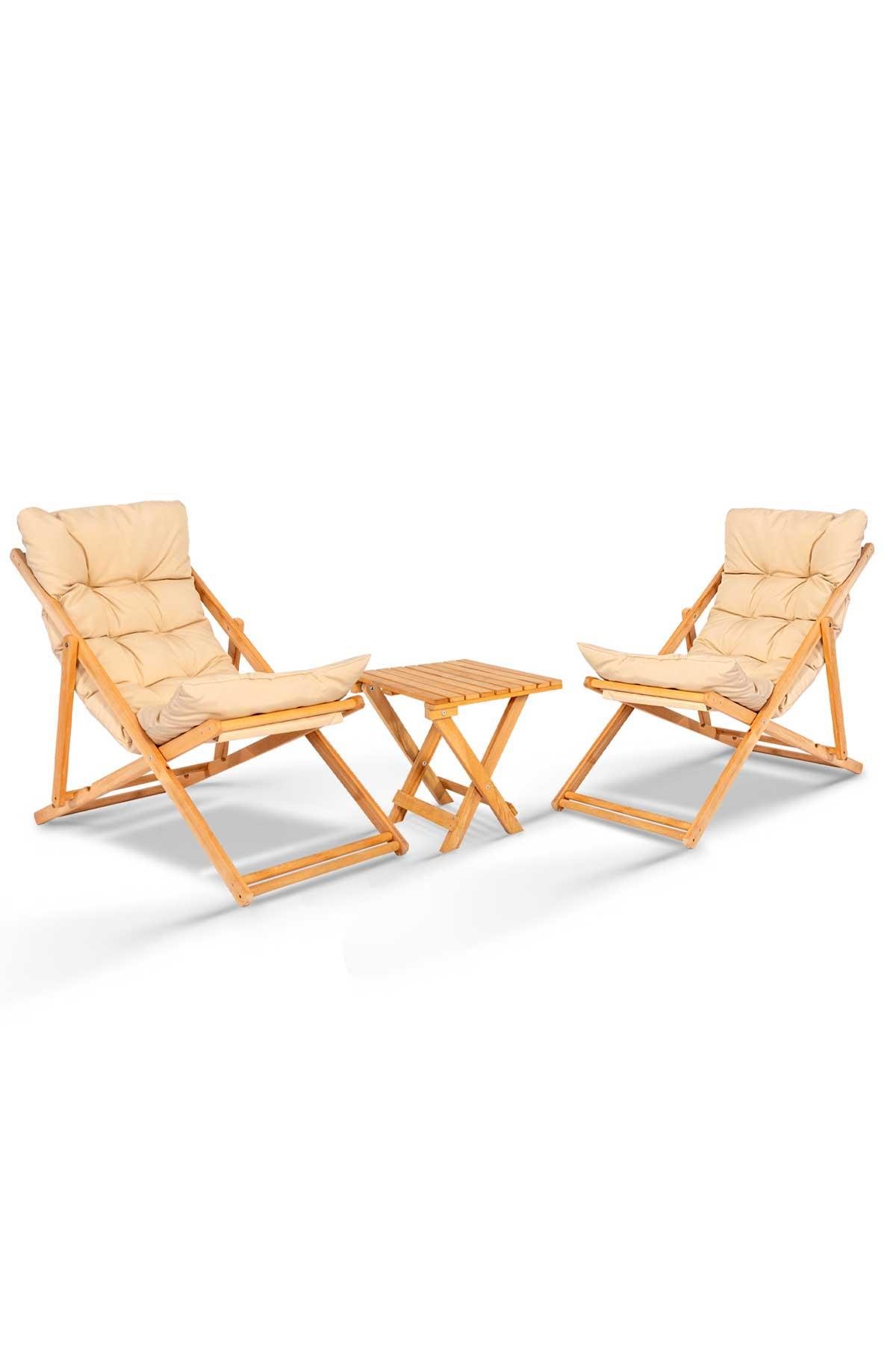 Reyo Flex 2'li Ahşap Puf Minderli Bahçe, Balkon, Teras ve Plaj Katlanır Şezlong Set Bistro