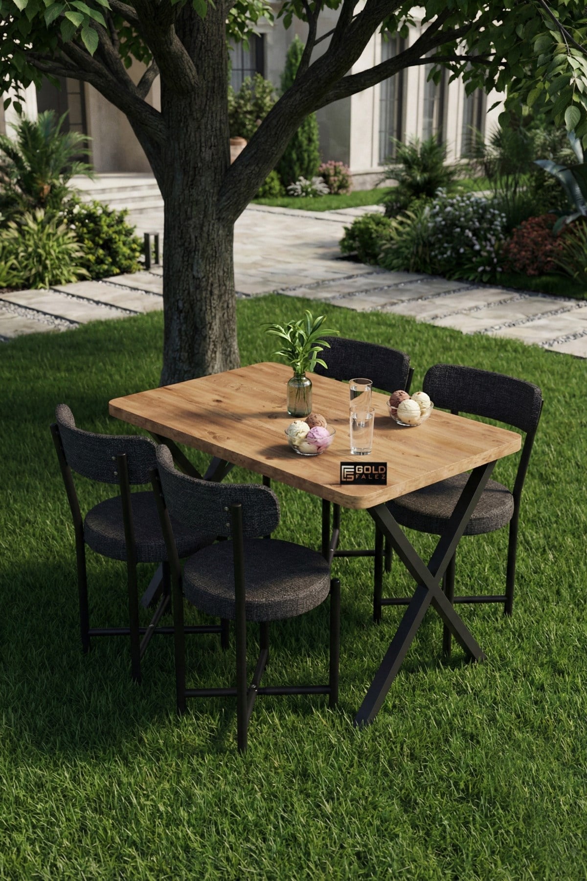 Reyo Falez Elma 110x70 cm Masa Takımı 4 Sandalyeli Modern Mutfak Balkon Kafe Yemek Masası Seti Atlantik Çam - Antrasit 9881