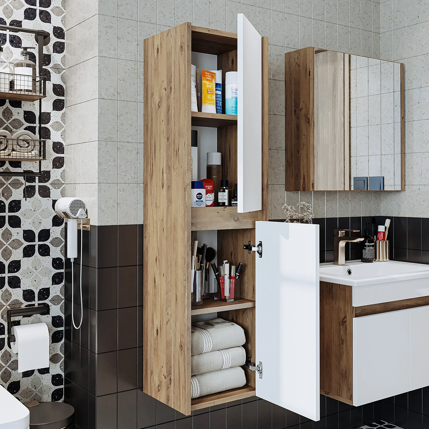 Roomart Bd2 Ayaksız 2 Kapaklı Ahşap-Mat Beyaz 130 x 35 cm Banyo Boy Dolabı