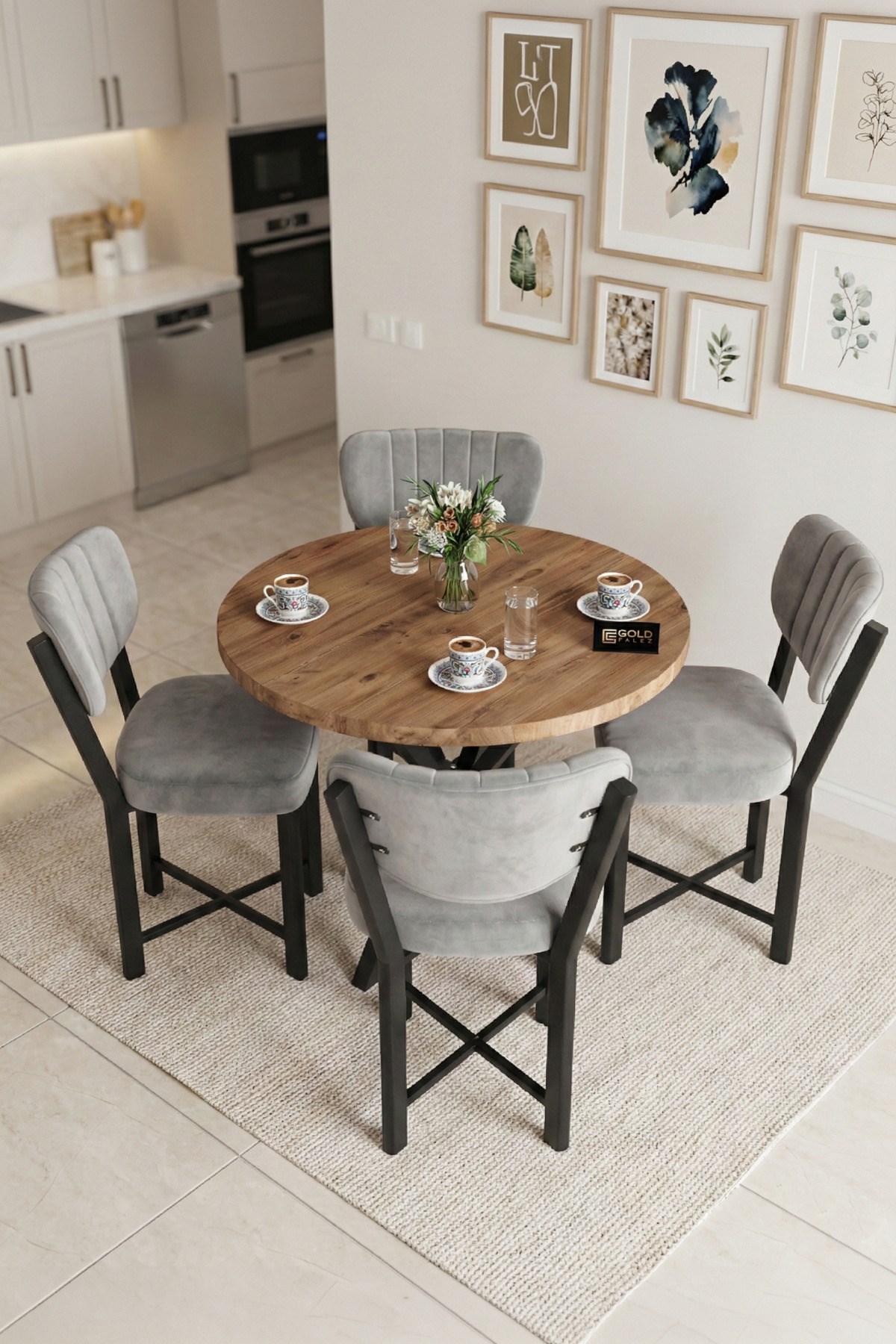 Reyo Falez Elma 90 cm 4 Sandalyeli Yuvarlak Masa Takımı Modern Mutfak Balkon Kafe Yemek Masası Seti - Atlantik Çam / Gri 9865