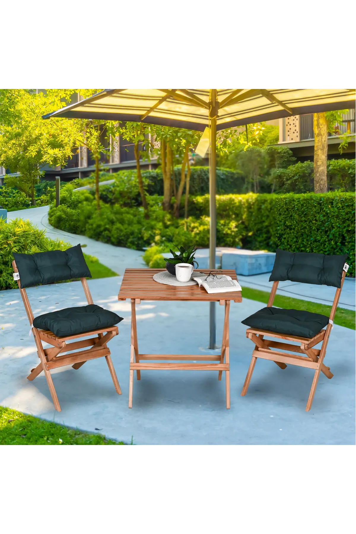 BySay Ahşap Katlanır Puf Minderli 3'lü Bistro Set Bahçe Takımı Naturel Yeşil