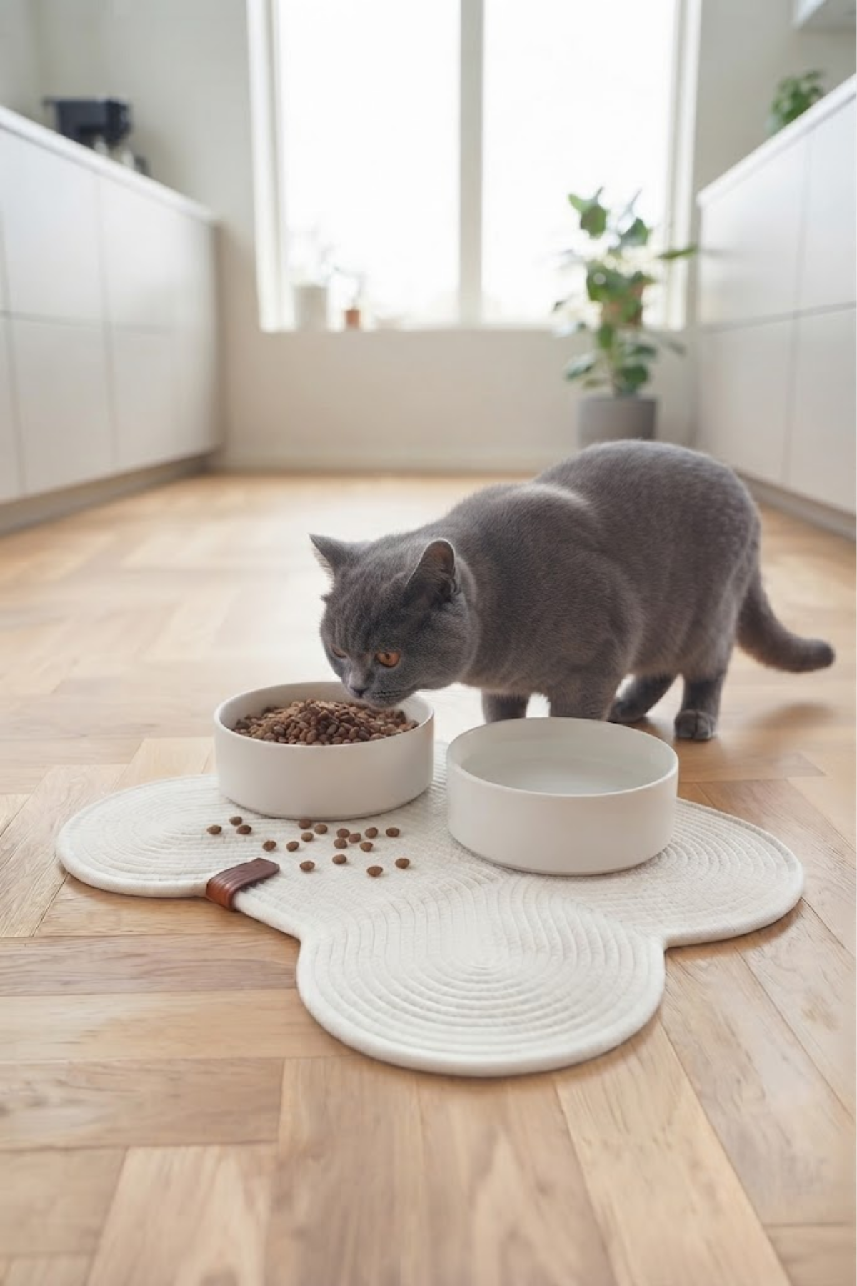 Reyo Pet El Yapımı Kemik Kedi ve Köpek Mama Matı, Kedi Tırmalama Matı, %100 Pamuk İpli - Beyaz