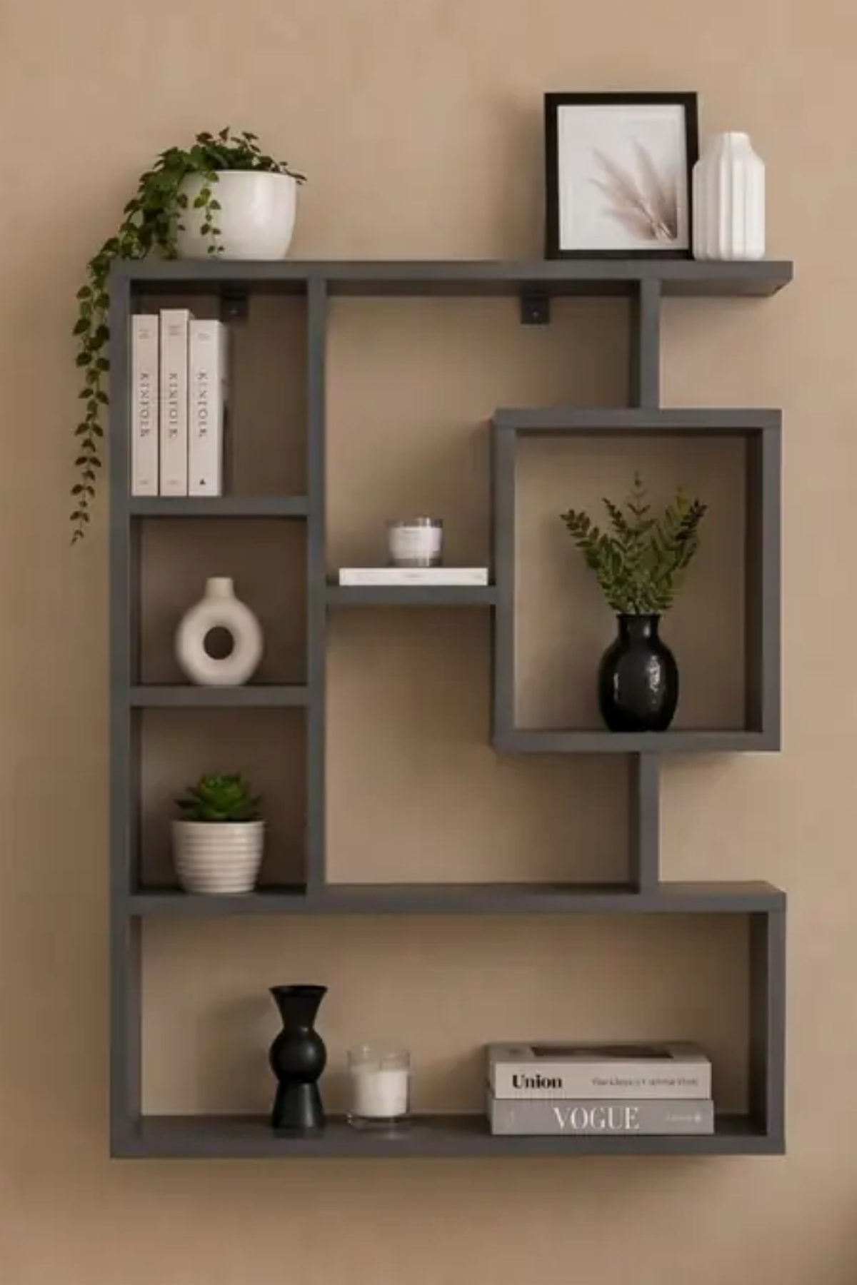 Enda Home Bigane Büyük Dekoratif Duvar Rafı 70,9 × 93,6 cm, Asimetrik Çok Bölmeli Duvara Monte Raf - Antrasit