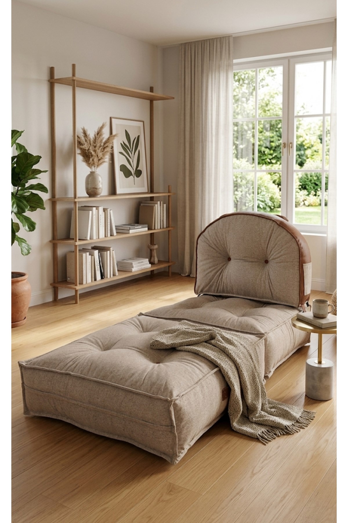 Pufymax Comfy Zen Oval Bohem Tekli Koltuk Yatak Olabilen Katlanır Berjer & Modüler Yer Yatağı 75x75x 90 cm Altın