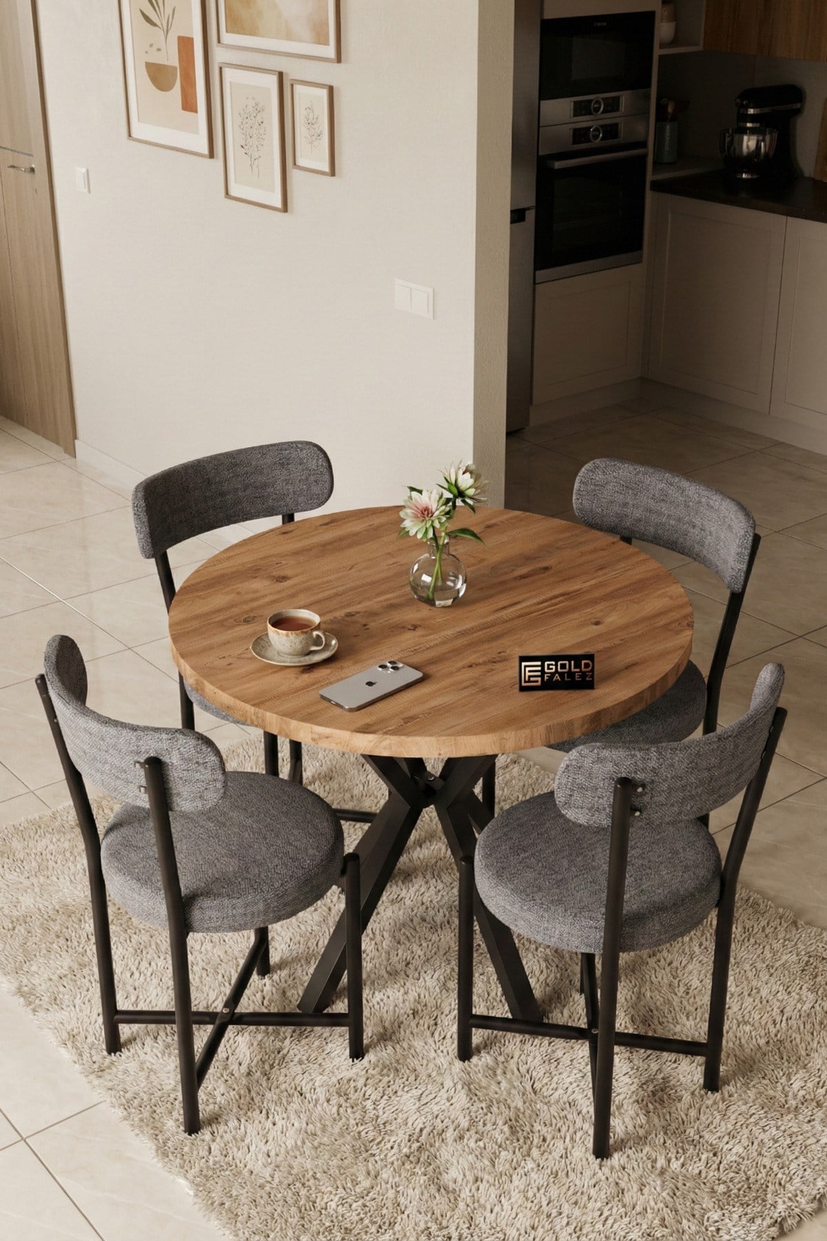 Reyo Falez Teddy 90 cm Yuvarlak Masa Takımı 4 Sandalyeli Modern Mutfak Balkon Kafe Yemek Masası Seti Atlantik Çam Gri 9860