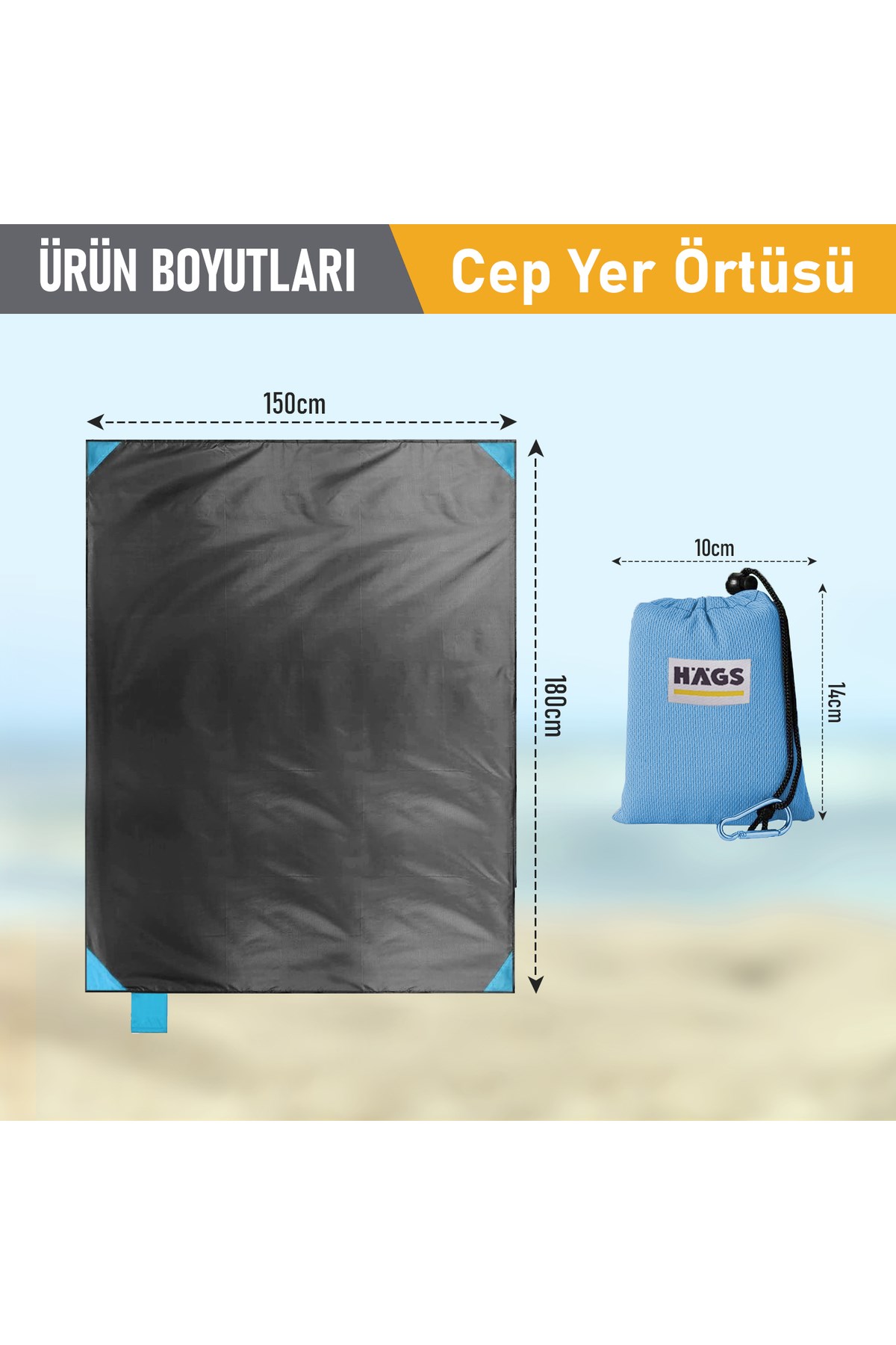 Haegs Cep Yer Örtüsü, Piknik Örtüsü Kamp Matı, Plaj Yer Örtüsü, Su Geçirmez, Kum Tutmaz, Hızlı Kurur, Hafif, Katlanabilir İnce Zemin Örtüsü Outdoor Açık Hava Kamp Yürüyüş Seyahat için - El Askılı - 180-150cm - Mavi