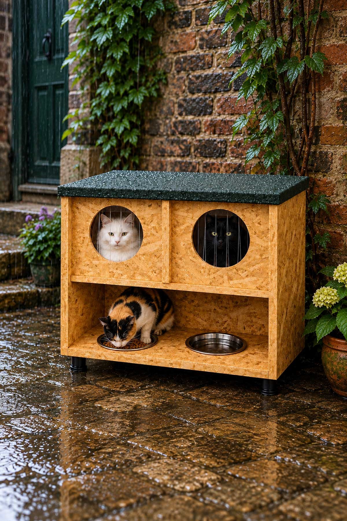 Narım 2 Bölmeli Kedi Evi ve Mamalık – Yağmura Dayanıklı Dış Mekan Kedi Barınağı 60x60x36 cm