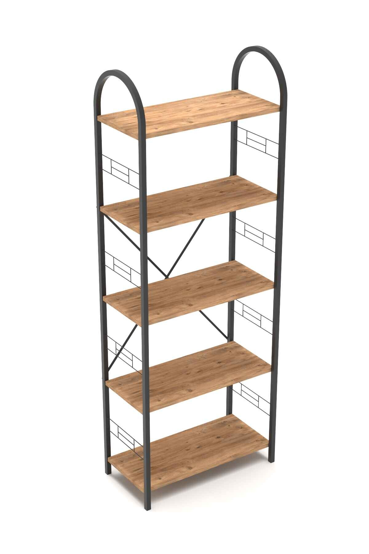 Reyo Falez 5 Geniş Raflı Kitaplık Metal Çerçeveli Modern Raf Çalışma Odası Ofis Salon Kitaplığı Evrak Rafı 180 cm Atlantik Çam