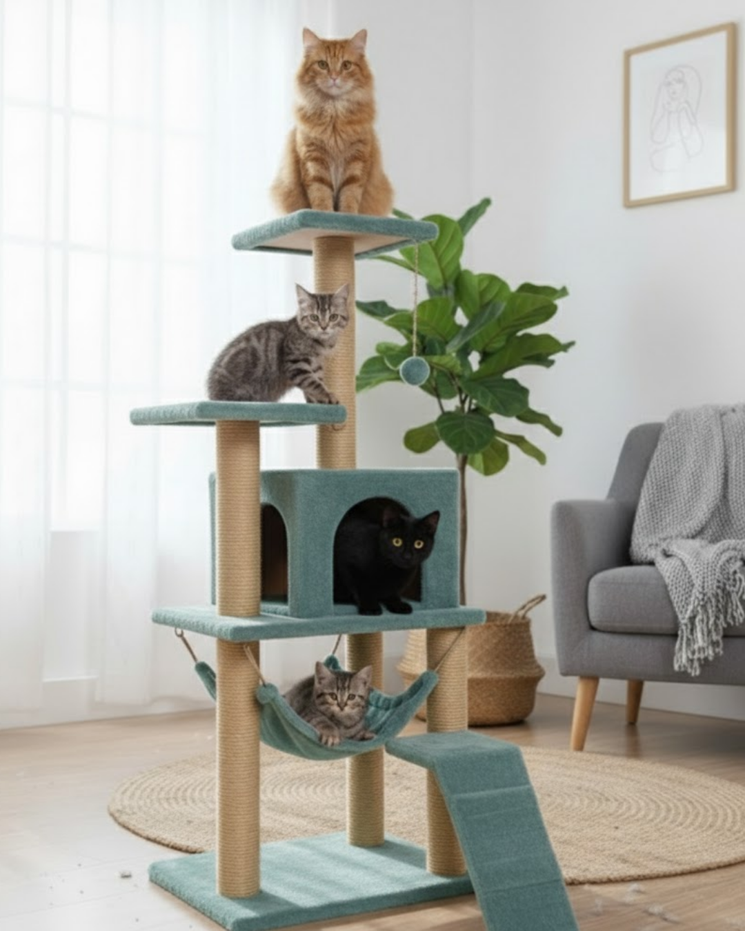 Reyo Pet B-07 Hamaklı Yuvalı Lüx Kedi Tırmalama Oyun Evi Turkuaz