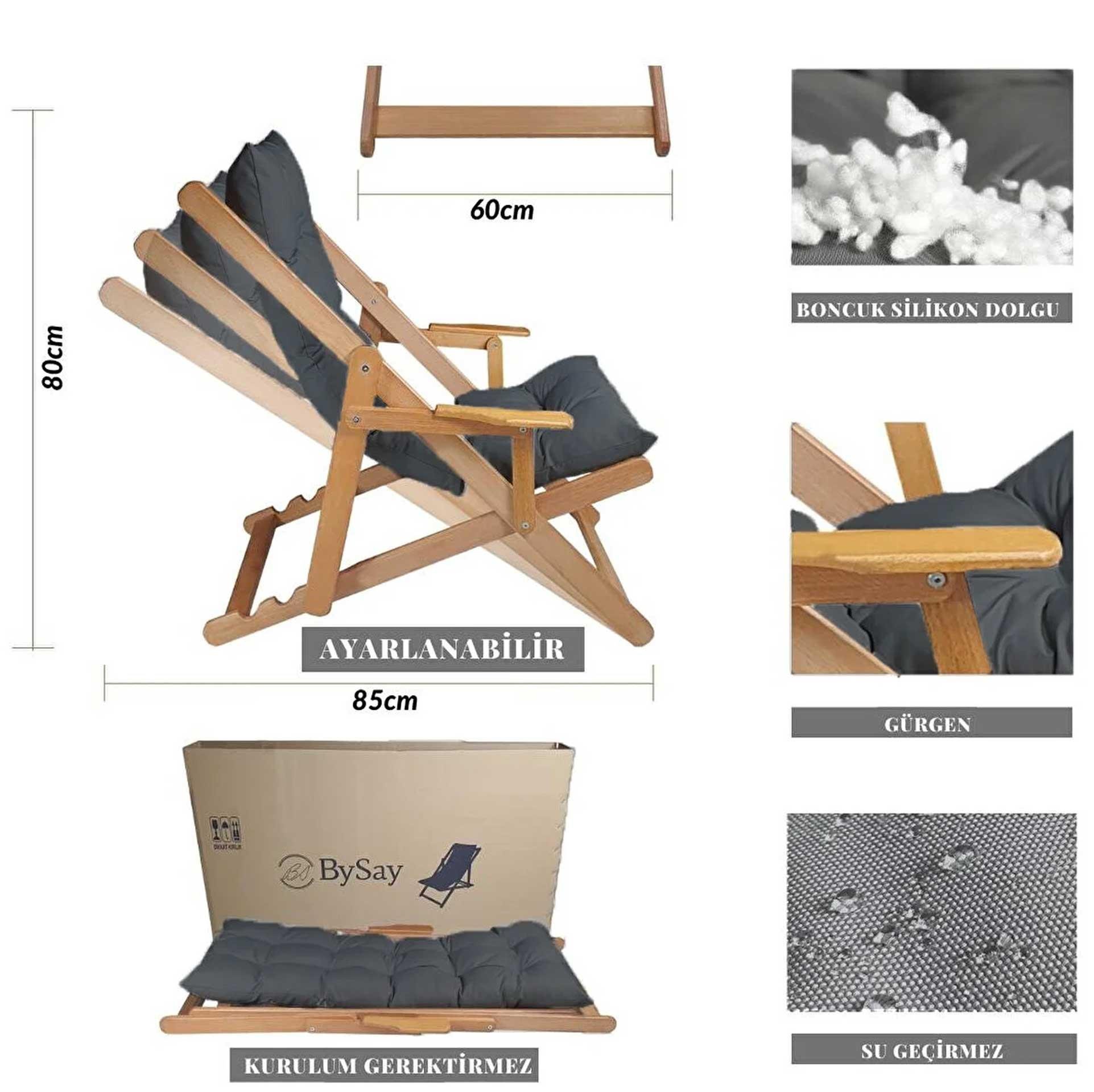 Bysay Puf Minderli Ahşap Kademeli Şezlong Bahçe&Balkon&Teras&Plaj Katlanır Şezlong Naturel Antrasit