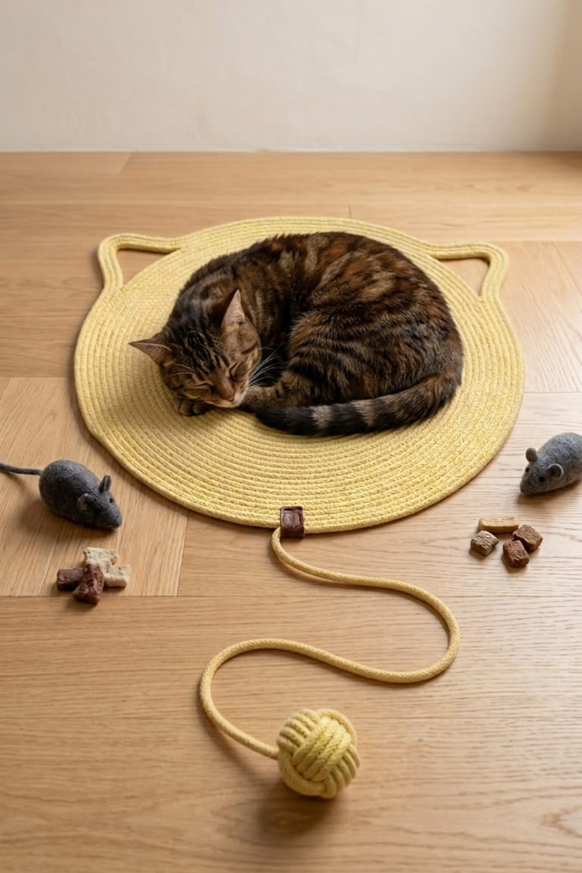 Reyo Pet El Yapımı Oyuncaklı Kedi Tırmalama Matı Tress İpli Açık Sarı