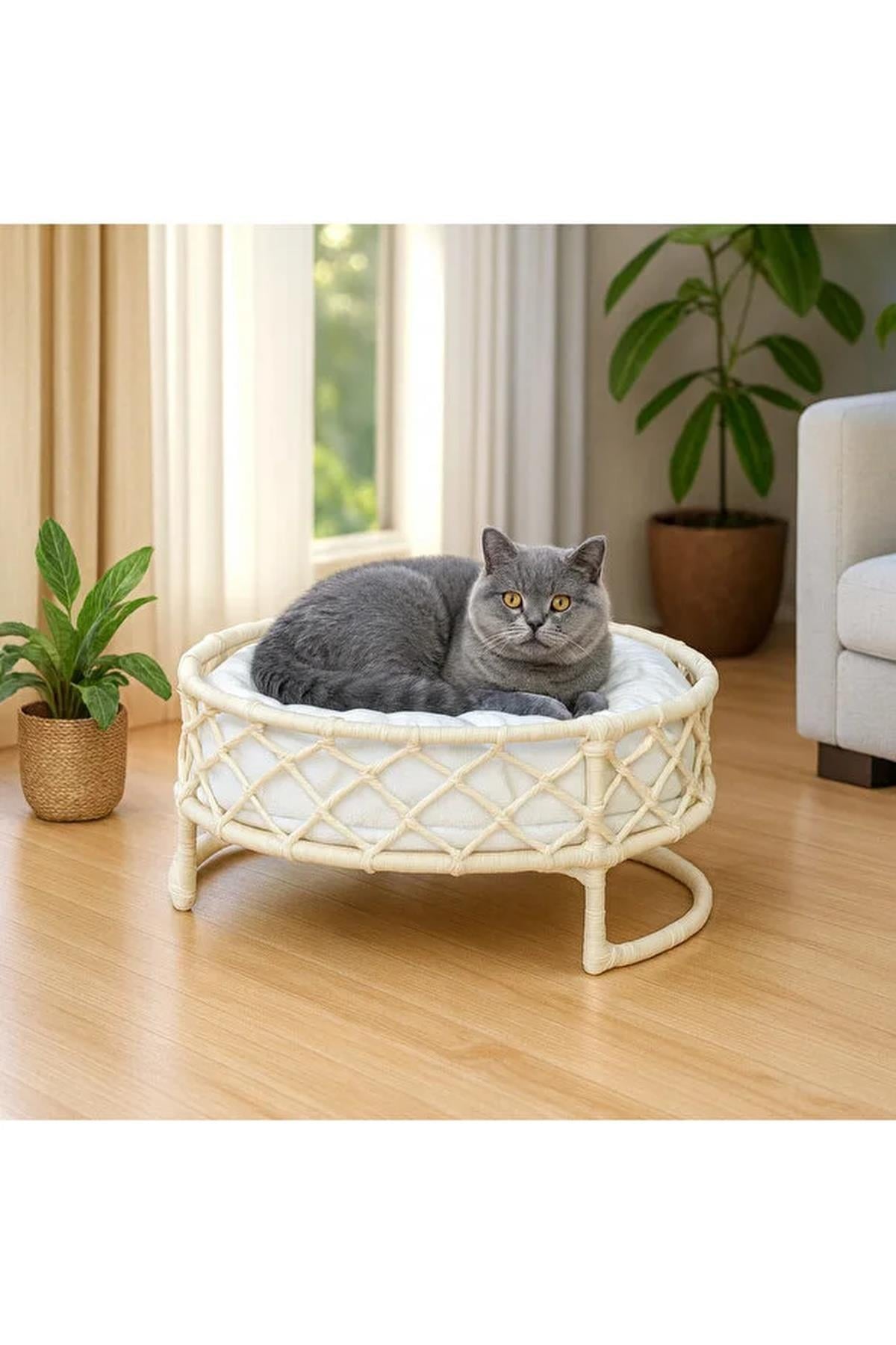 Tasaryum Kedi ve Köpek El Örgüsü Yatağı, Yuvası Krem