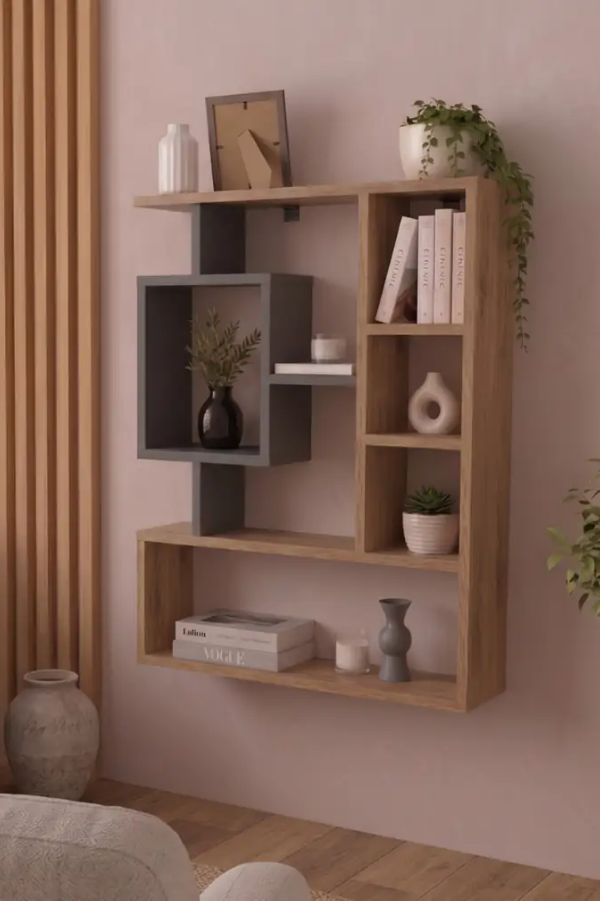 Enda Home Bigane Büyük Dekoratif Duvar Rafı 70,9 × 93,6 cm, Asimetrik Çok Bölmeli Duvara Monte Raf - Atlantik Çam Antrasit