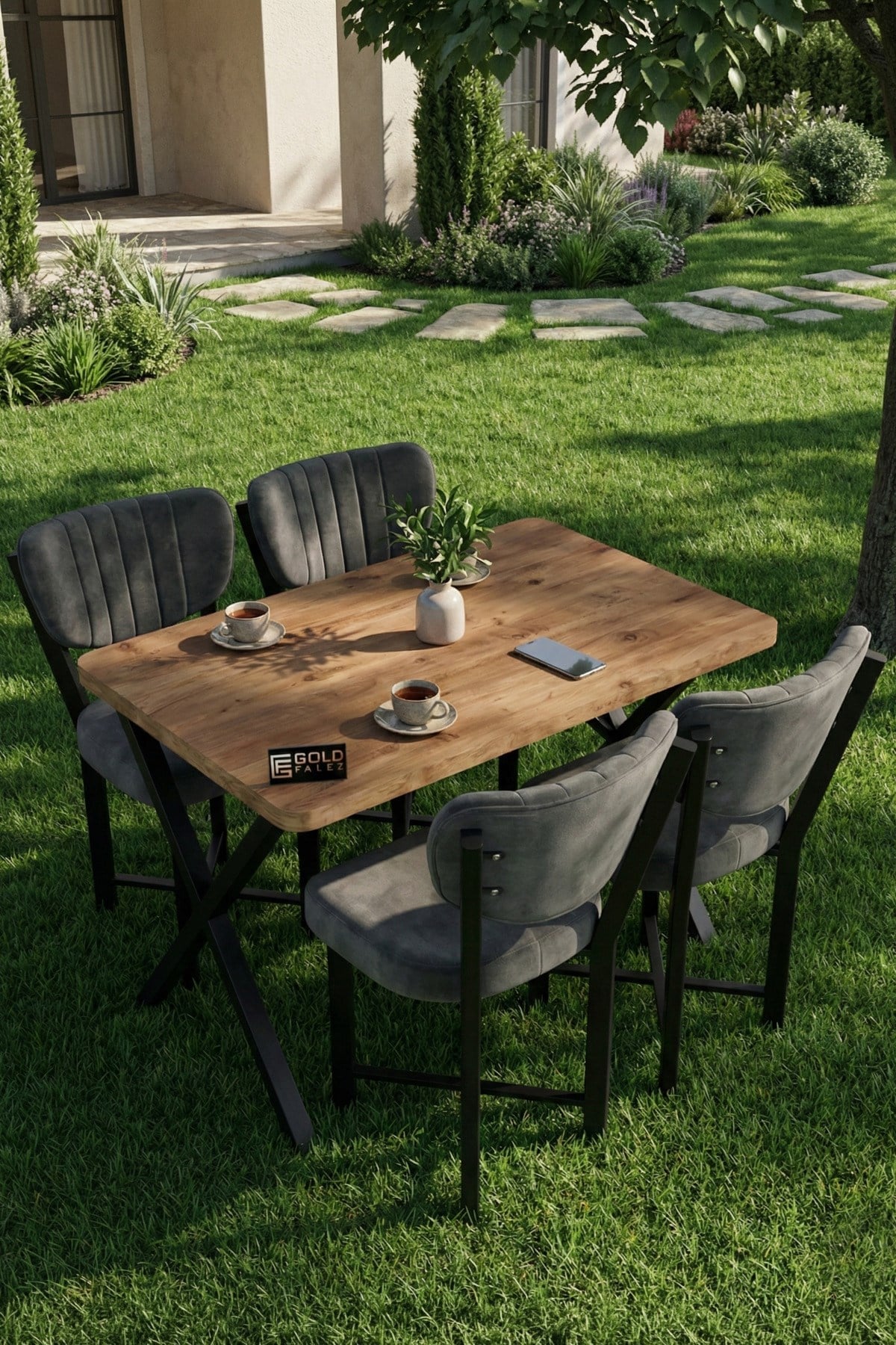 Reyo Falez Elma 110x70 cm Masa Takımı 4 Sandalyeli Modern Mutfak Balkon Kafe Yemek Masası Seti Atlantik Çam - Antrasit 9885
