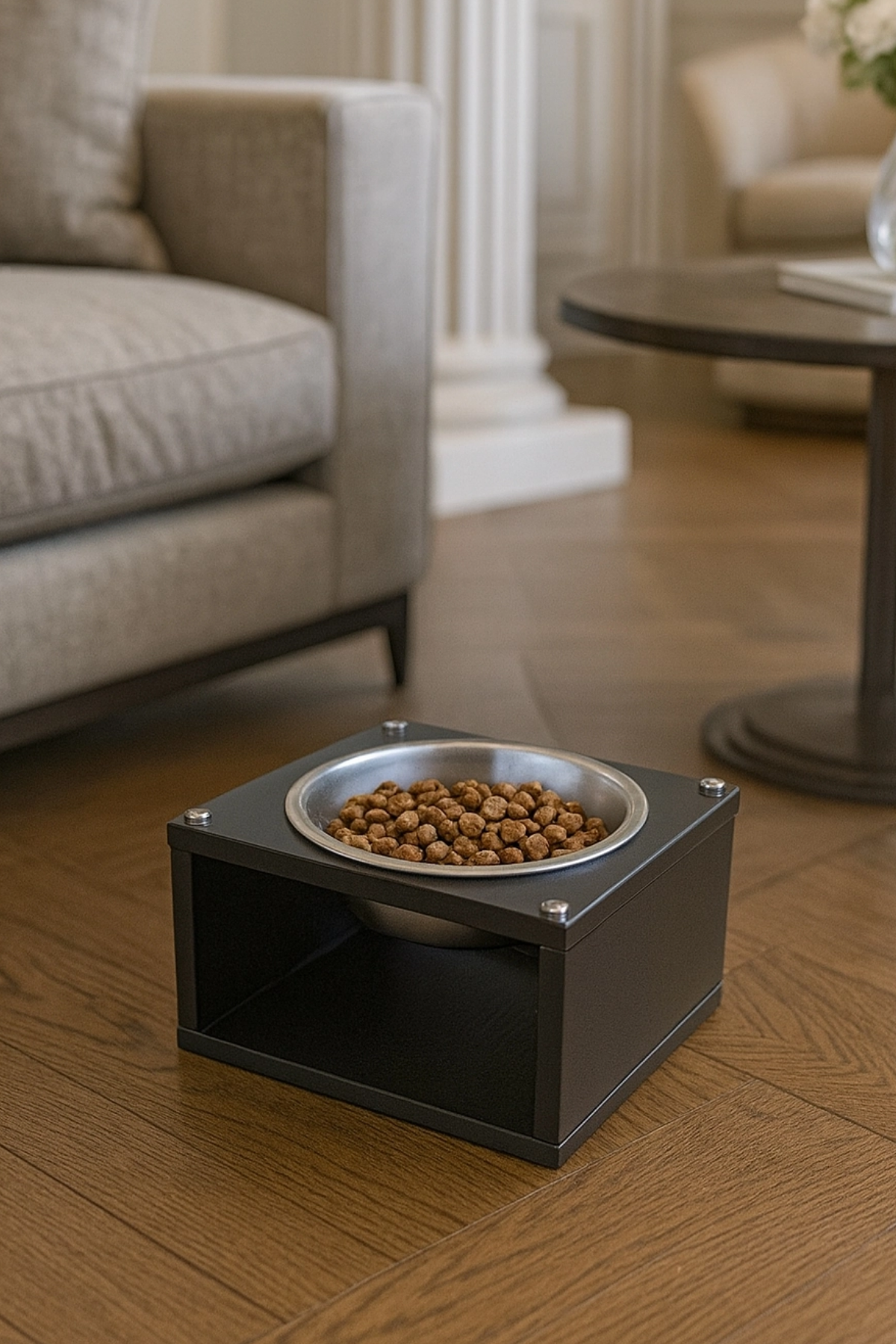 Reyo OK-AY Store Silvara Modern Ahşap Kedi ve Köpek Mama Standı Paslanmaz Çelik Kaseli Mama ve Su Kabı Siyah