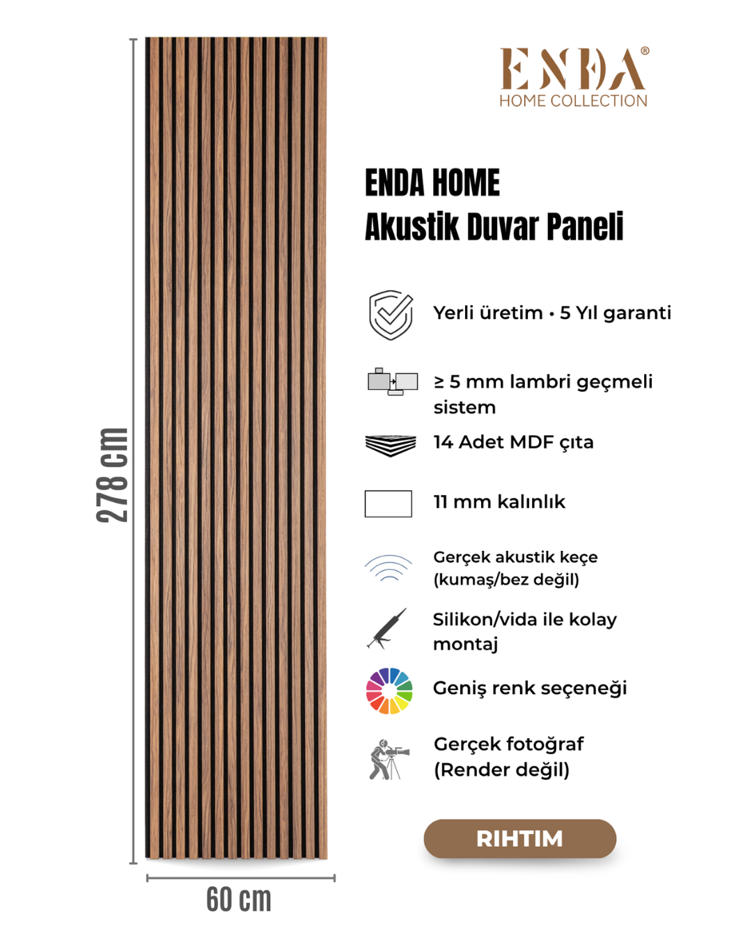 Enda Home MDF Akustik Duvar Paneli 60 x 278cm Rıhtım