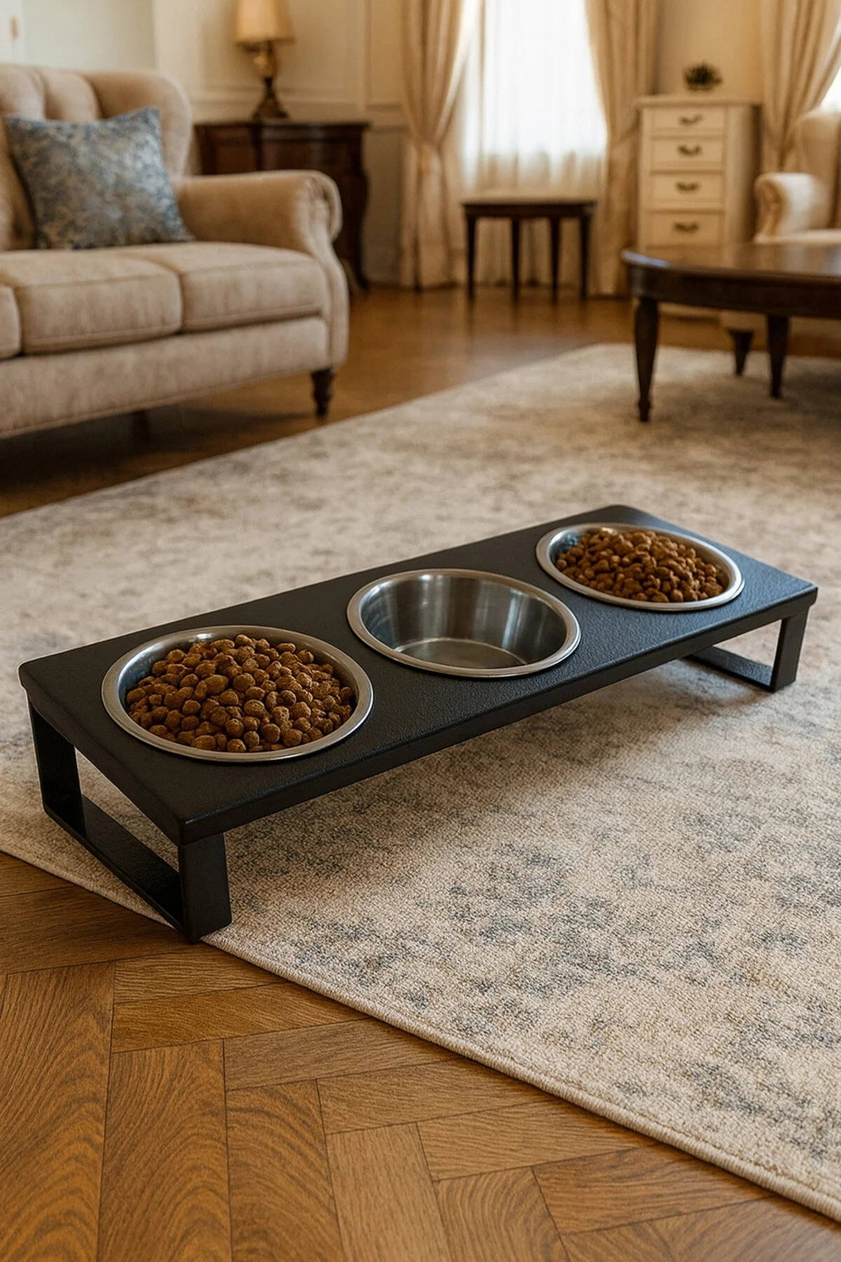 Reyo OK-AY Store Yükseltilmiş Kedi ve Küçük Irk Köpek Mama Kabı 3'lü Paslanmaz Çelik Yüzde 10 Eğimli Mama ve Su Standı, Siyah