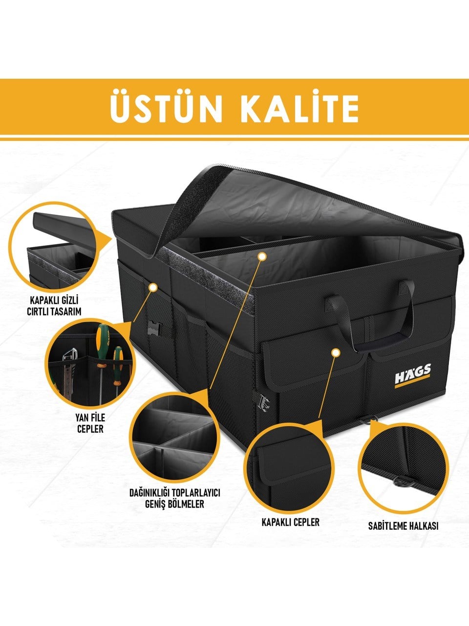 Haegs Araba Bagaj Çantası, Araç içi Düzenleyici Organizer, Katlanabilir Oto Bagaj Düzenleyici, Oto Aksesuarları, Araba Alet Eşya Düzenleyici - 50 Lt- Gri