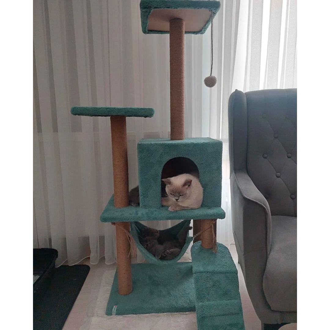 Reyo Pet B-07 Hamaklı Yuvalı Lüx Kedi Tırmalama Oyun Evi Turkuaz