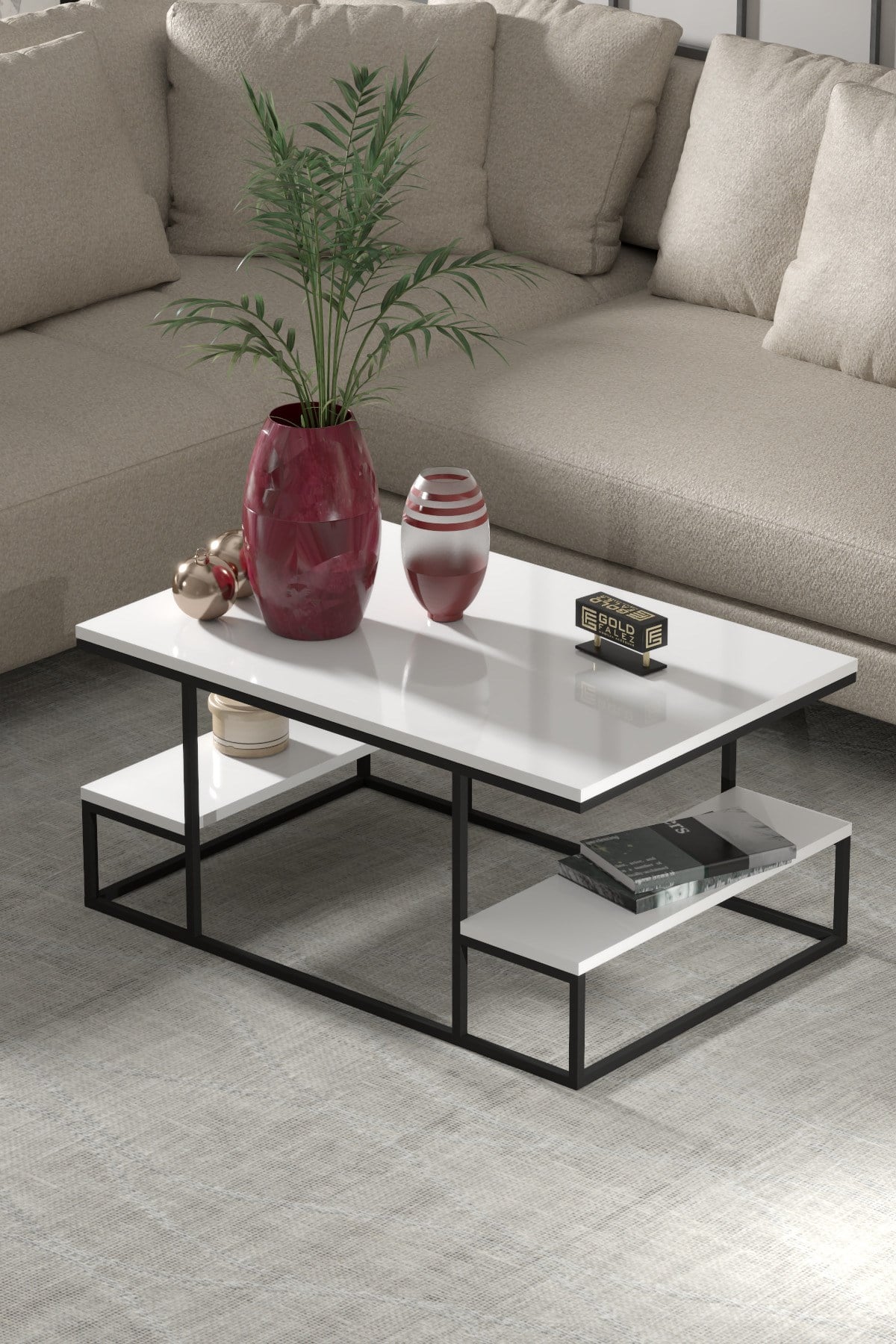 Reyo Falez Deluxe Raflı Orta Sehpa 60x90 cm Modern Dikdörtgen Orta Sehpa Beyaz 