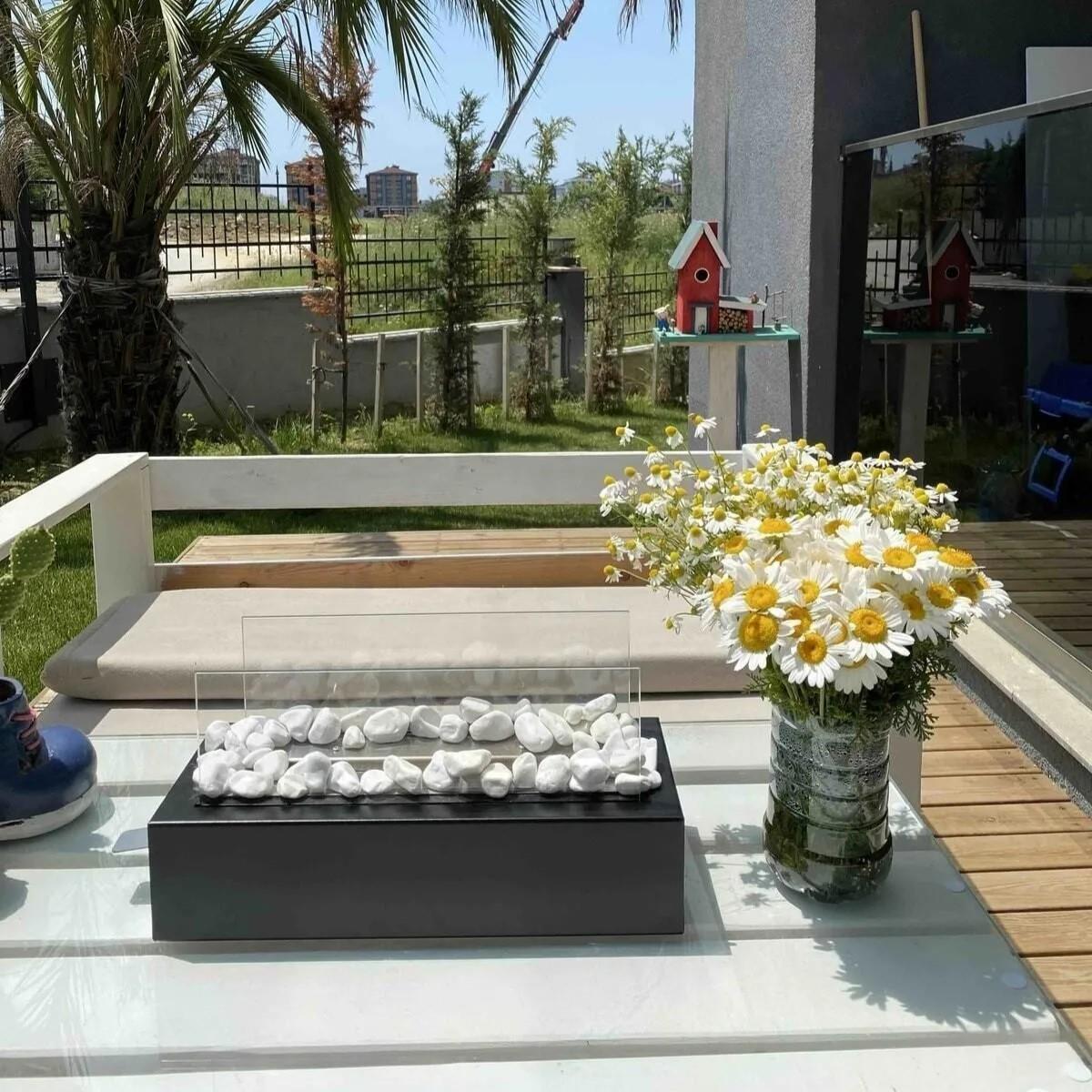 Moor Garden Metal Siyah Renk Masa Üstü Şömine Sertifikalı Yakıt Ve Dekoratif Taş Hediyeli