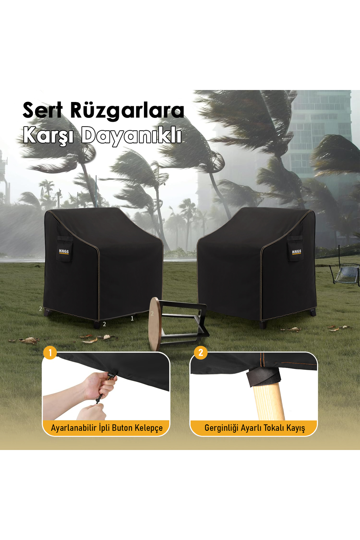 Haegs Tek Kişilik Bahçe Koltuk Örtüsü, Koruma Kılıfı, Su Geçirmez Açık Hava Bahçe Mobilya Kılıfları, Dış Mekan Sandalye Kılıfı Örtü Branda, Ağır Hizmet Tipi, 80-85-90cm - Siyah