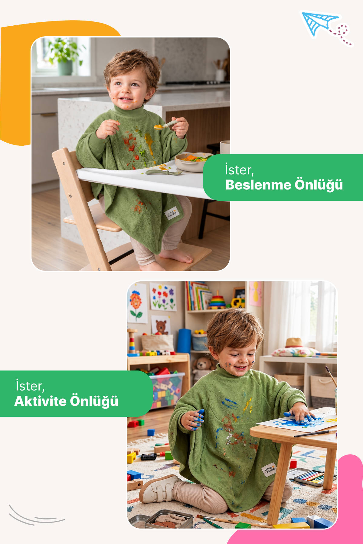 Reyo 6 Ay-6 Yaş Uzun Kollu Bebek Mama Önlüğü, Çocuk Aktivite Önlüğü, Pamuklu, Sıvı Geçirmez İç Katmanlı Havlu Bebek Beslenme Önlüğü - Green