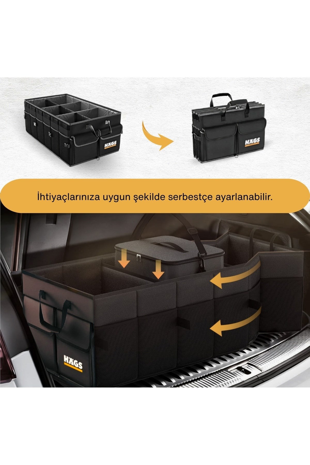 Haegs Araç Bagaj Düzenleyici, Soğutucu Çantalı Bagaj Organizer Sağlam Katlanabilir, Otomobil ve SUV`lar için, Cepli, 3 Ana Bölmeli, 100L /  90x40x28 cm - Siyah