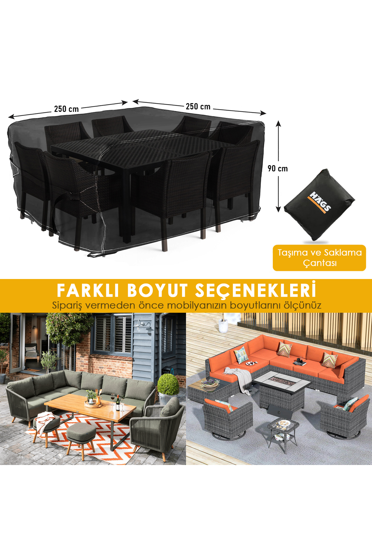 Haegs Bahçe Mobilyası Örtüsü, 250-250-90cm, Ağır Hizmet Oxford Kumaş, Su Geçirmez, Dış Mekan Veranda Masa Örtüsü, Havalandırmalı Masa ve Sandalye Koruma Kılıfı Siyah
