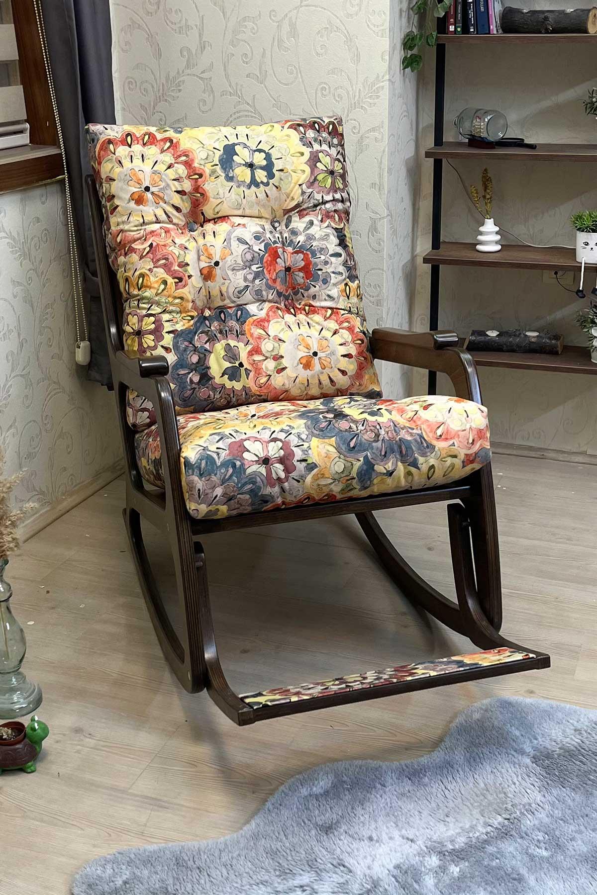 Asedia Kontes Ceviz Çiçek Desenli Dolgu Minderli Sallanan Sandalye Dinlenme Koltuğu Baba Koltuğu