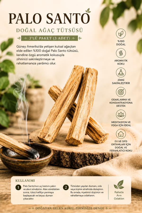 Reyo Palo Santo Doğal Ağaç Tütsüsü 3'lü Paket (3 Adet), %100 Doğal Aromatik Ahşap,  Meditasyon, Yoga, Rahatlama ve Ev Ortamı İçin