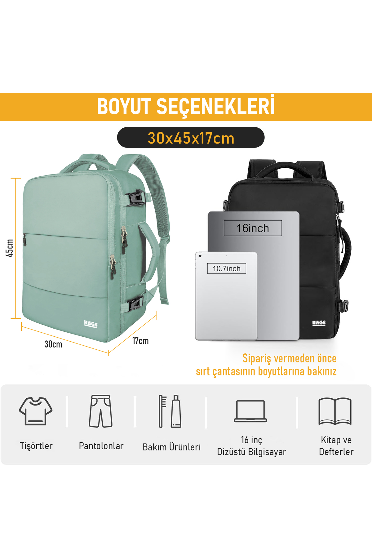 Haegs Seyahat Sırt Çantası, Laptop Sırt Çantası Hafif El Çantası Küçük Bavul Valiz, Uçak Onaylı Bagaj Çantası, Erkek ve Bayan İçin, 15.6 inç Notebook Dizüstü Bilgisayar Macbook Laptop Çantası, Yeşil