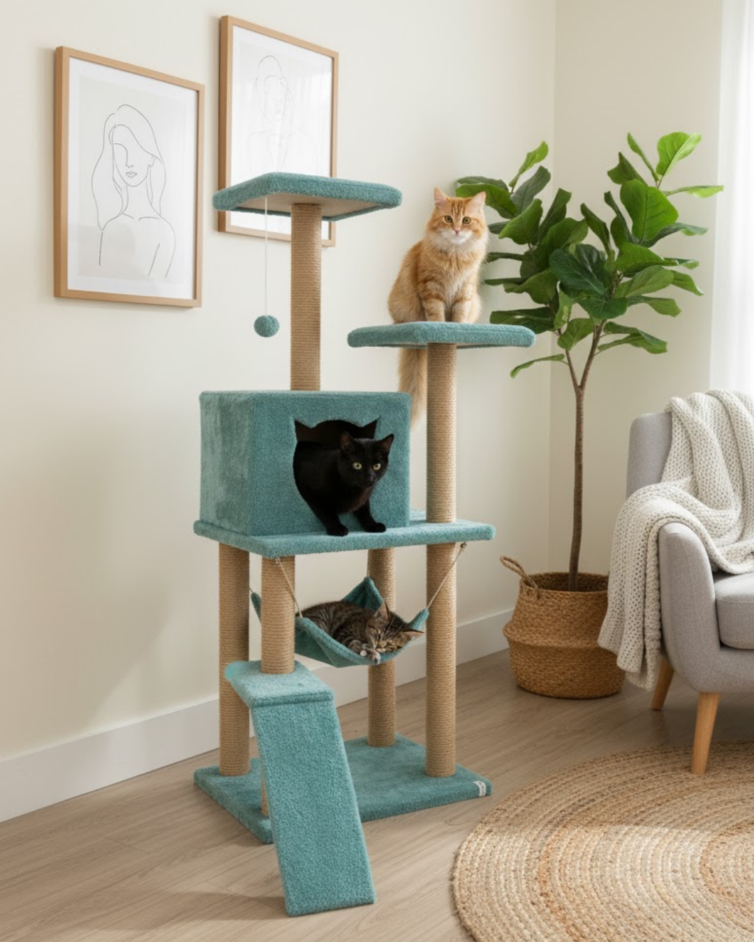 Reyo Pet S9 Kedi Tırmalama Kulesi Platformlu 124 cm Turkuaz