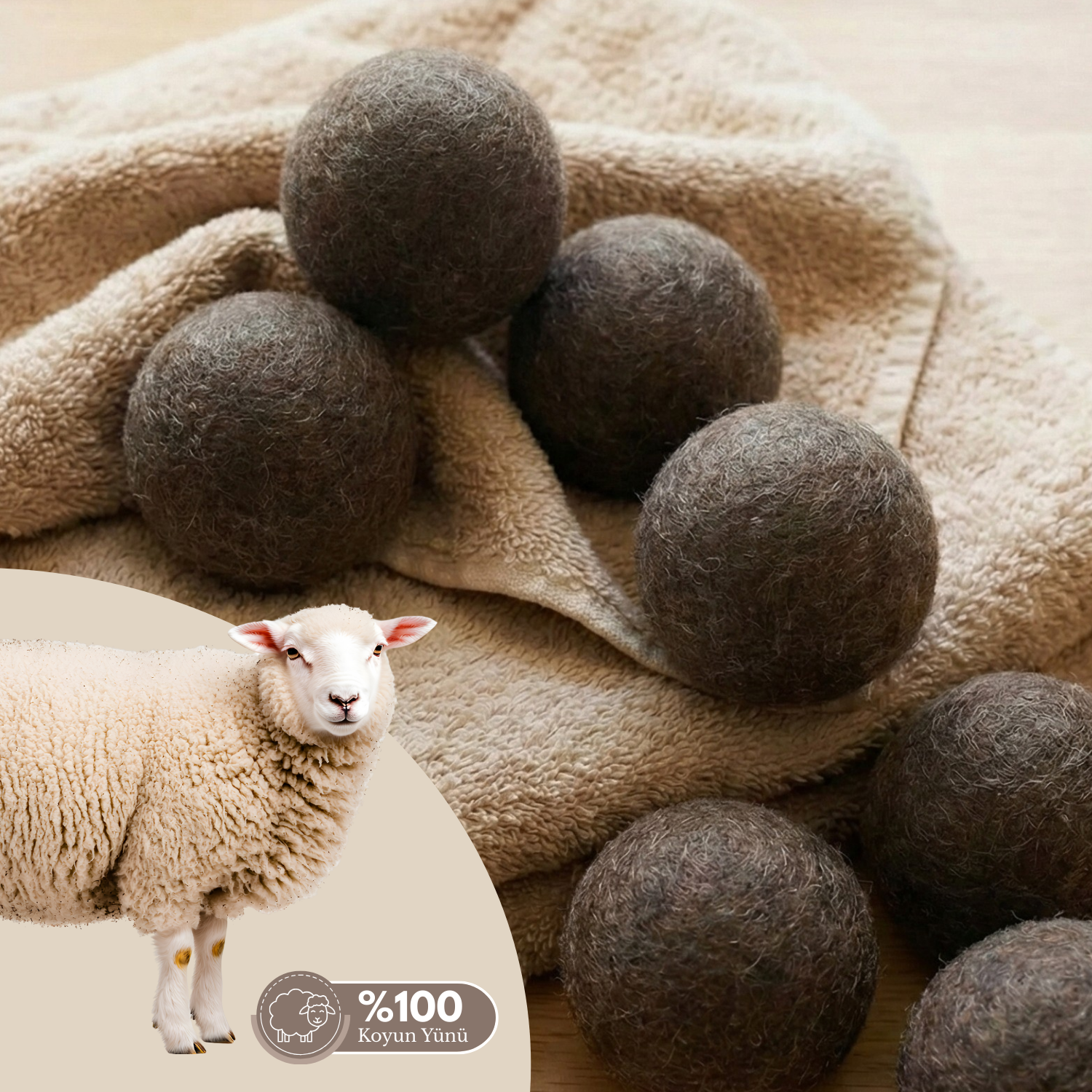 Reyo %100 Saf Yün Kurutma Makinesi Topu 3'lü Set - L Boy Kahverengi - Kimyasalsız Doğal Yumuşatıcı ve Antistatik Etki