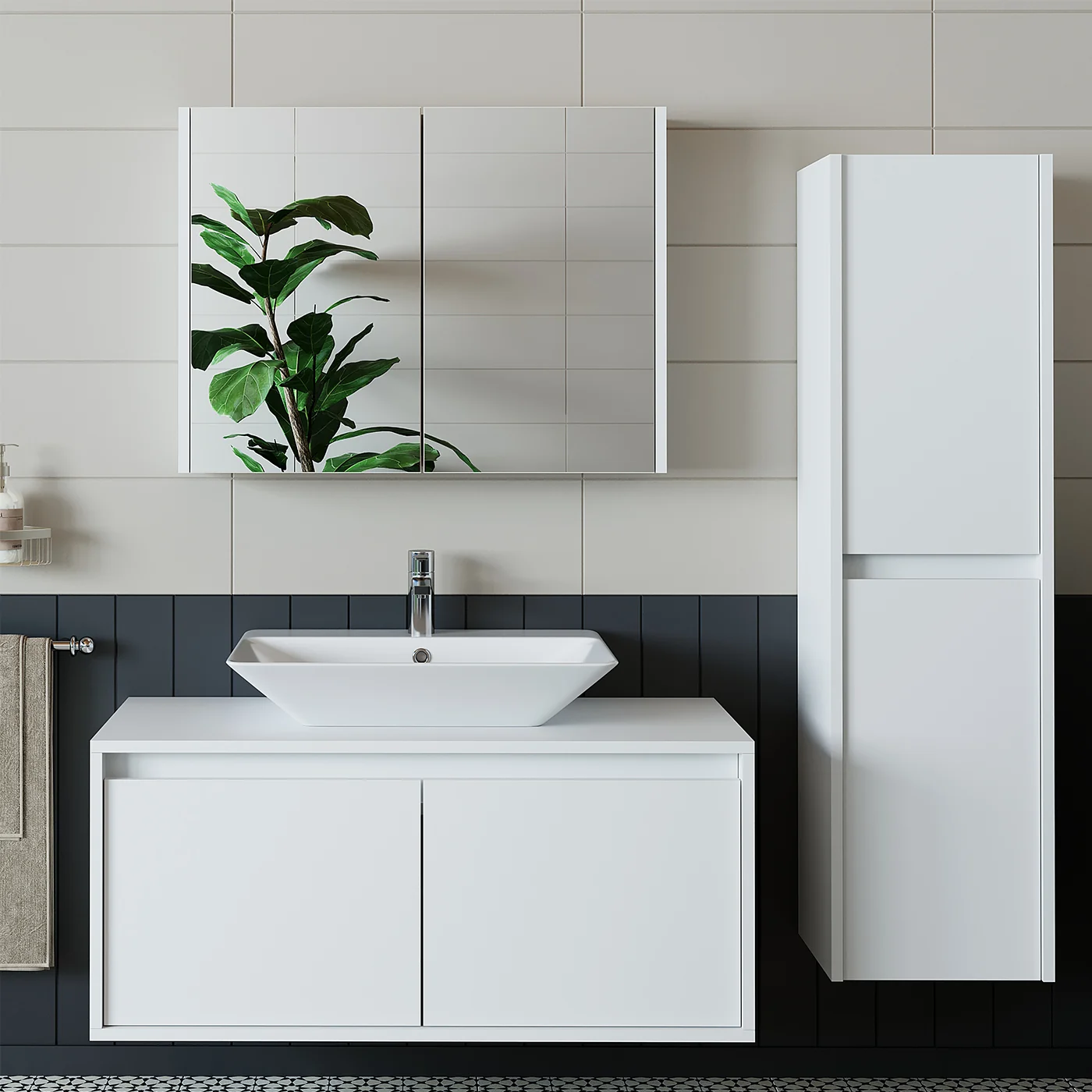 RoomArt Banos Banyo Lavabolu Mat Beyaz Mdf 100cm Banyo Dolabı+aynalı Banyo Üst Dolap+Banyo Boy Dolap