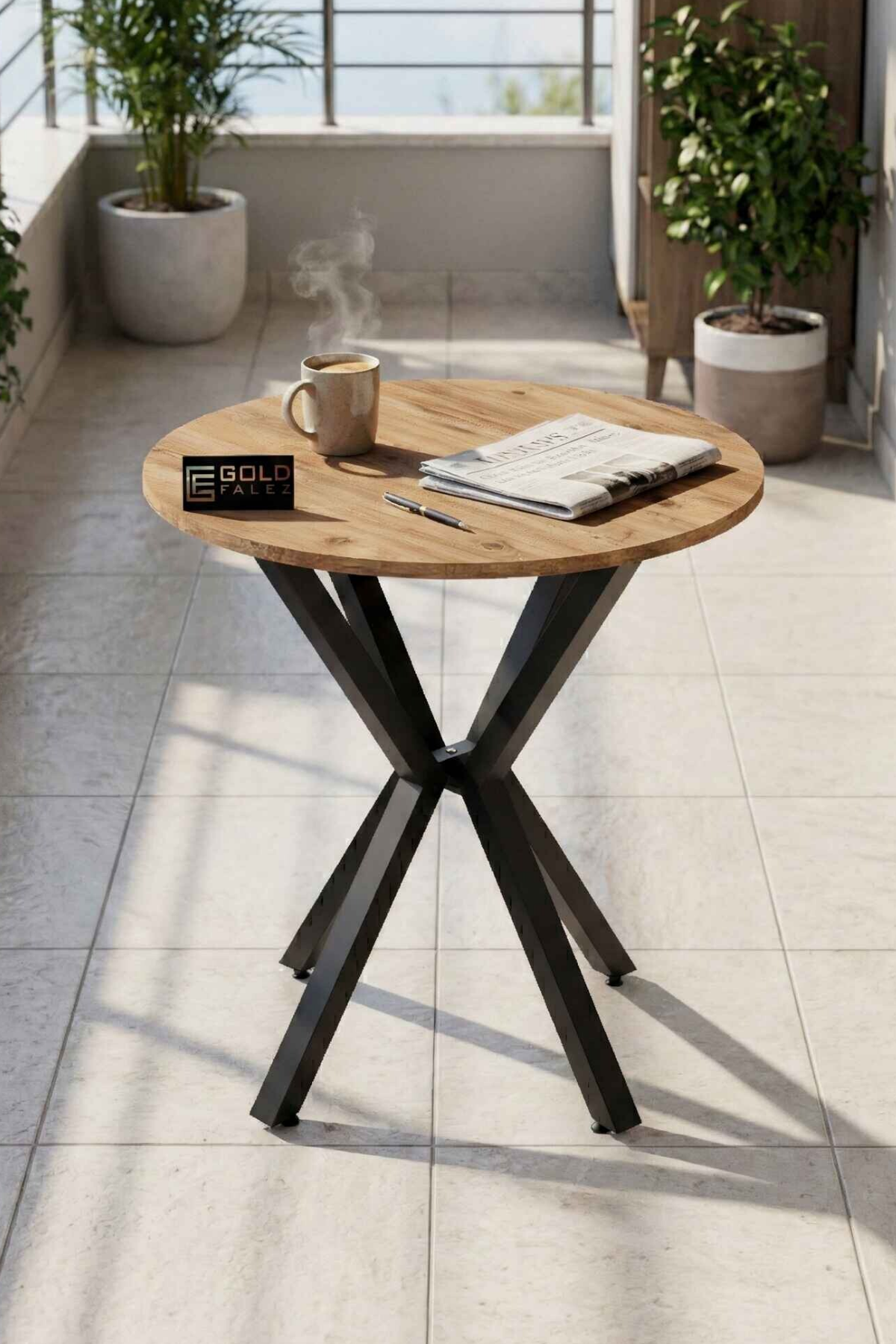 Reyo Falez 70 cm Yuvarlak Mutfak Masası Metal Ayaklı Modern Yemek Balkon Bahçe Kafe Masası Atlantik Çam 9820