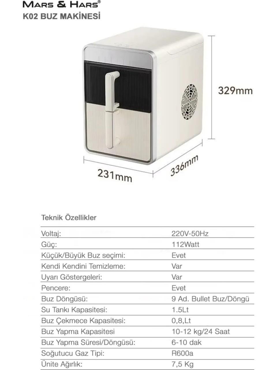 Mars&Hars K02 Çekmece Tipi 12Kg Kapasiteli Buz Makinesi