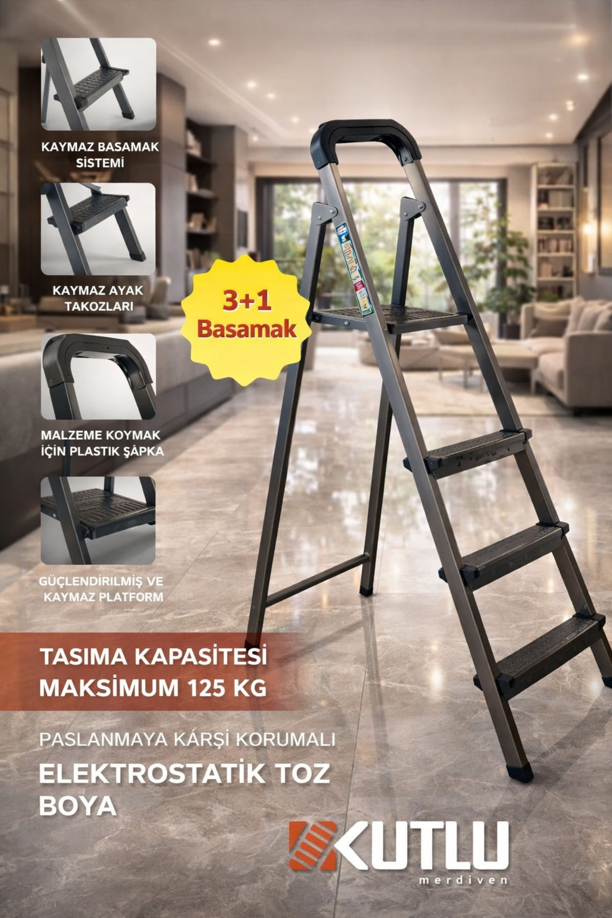 Reyo Kutlu Dayanıklı 3+1 Metal Basamaklı Katlanır Merdiven – Kaymaz Basamaklı Ev Tipi Portatif Merdiven