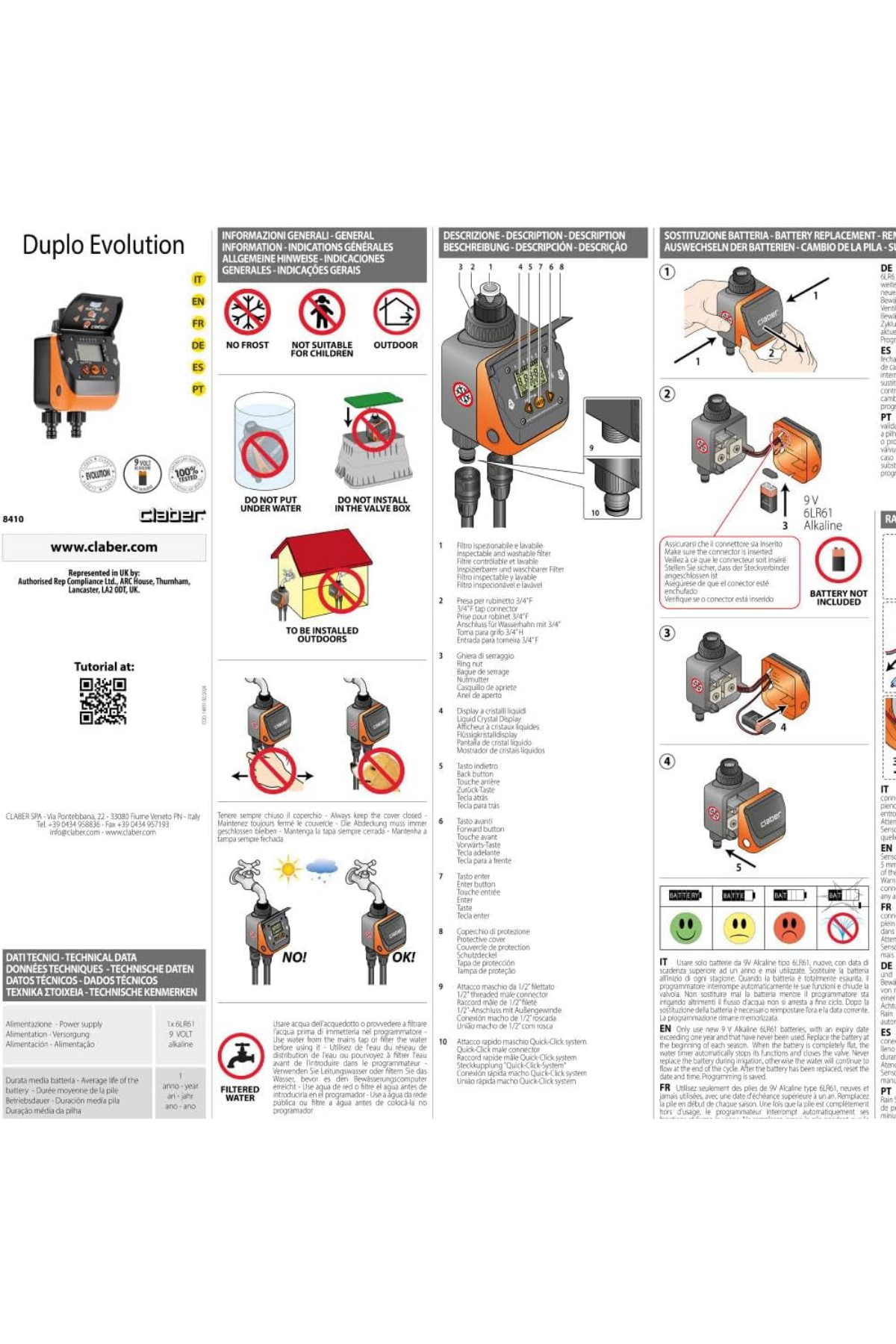 Claber 8410 Aquadue Duplo Evolution İki Çıkışlı Sulama Zamanlayıcı