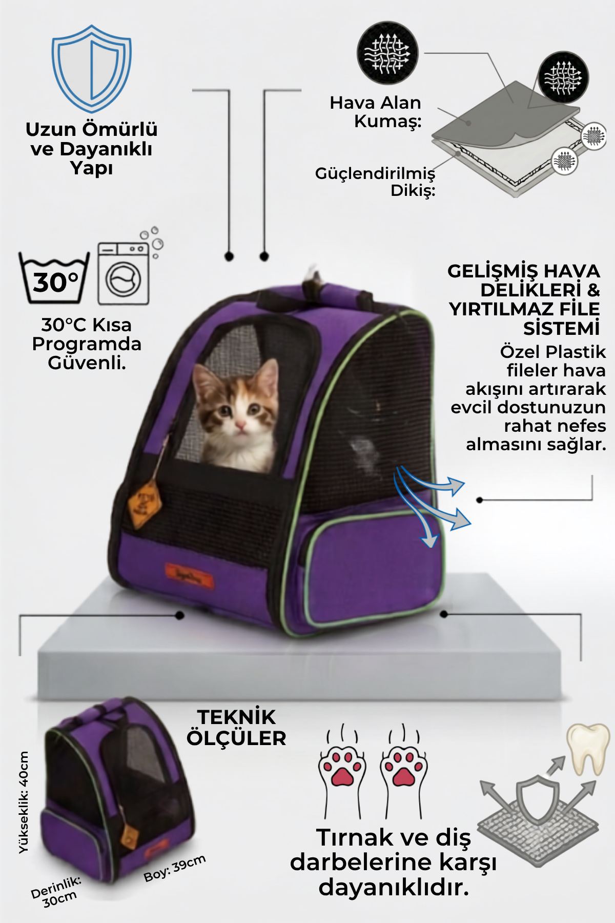 Reyo Brave Paws Plastik Fileli Piramit Model Yıkanabilir Kedi ve Köpek Çantası Mor